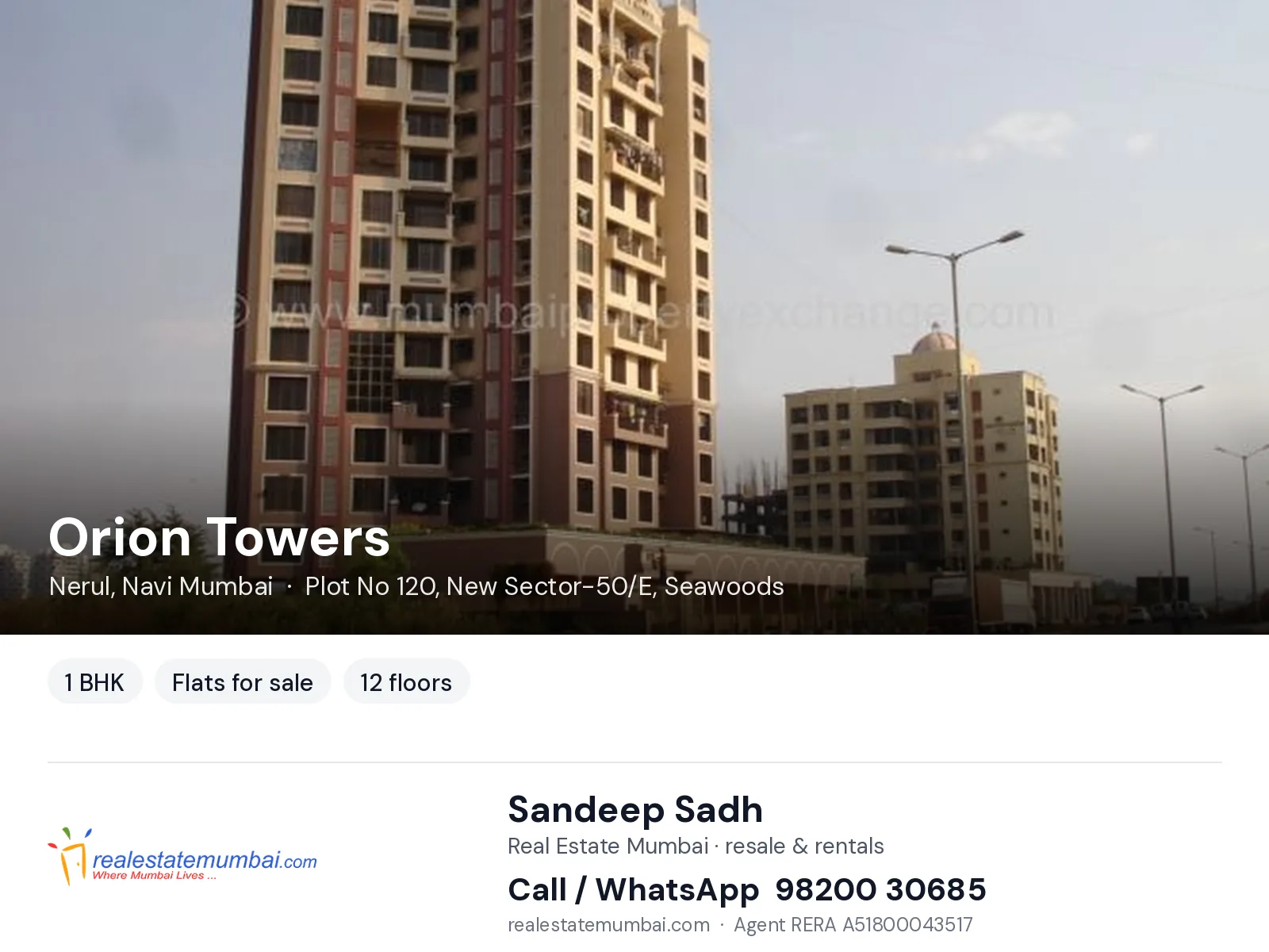 Orion Towers, Nerul, Navi Mumbai — 1 BHK flats for sale | Real Estate Mumbai, Sandeep Sadh 98200 30685
