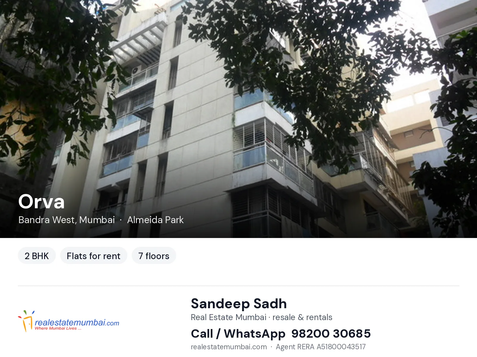 Orva, Bandra West, Mumbai — 2 BHK flats for rent | Real Estate Mumbai, Sandeep Sadh 98200 30685