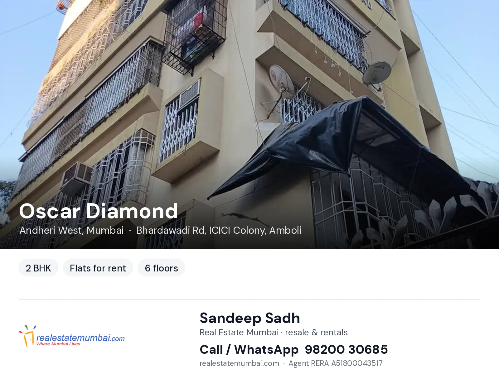 Oscar Diamond, Andheri West, Mumbai — 2 BHK flats for rent | Real Estate Mumbai, Sandeep Sadh 98200 30685
