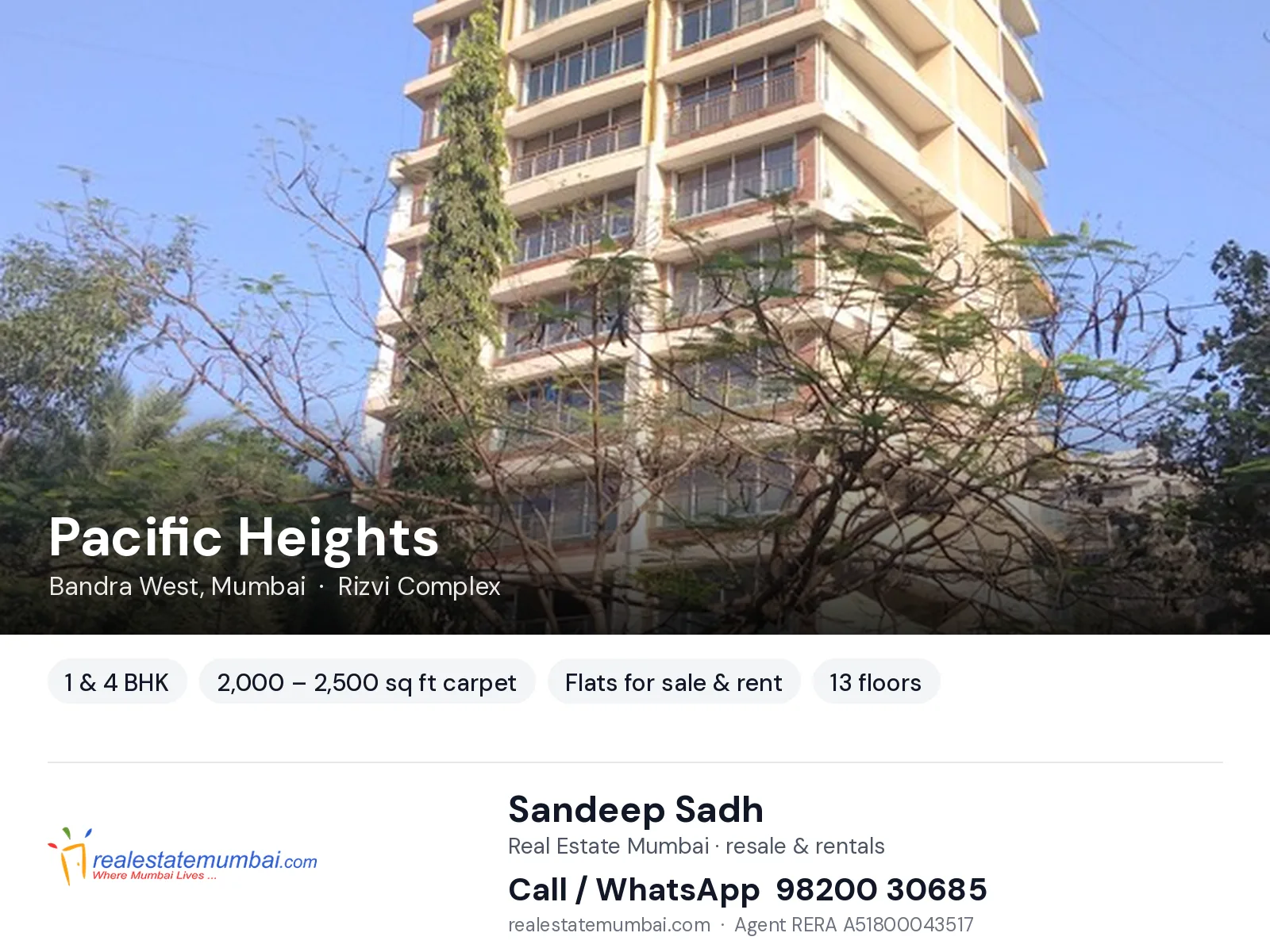 Pacific Heights, Bandra West, Mumbai — 1 & 4 BHK flats for sale & rent | Real Estate Mumbai, Sandeep Sadh 98200 30685