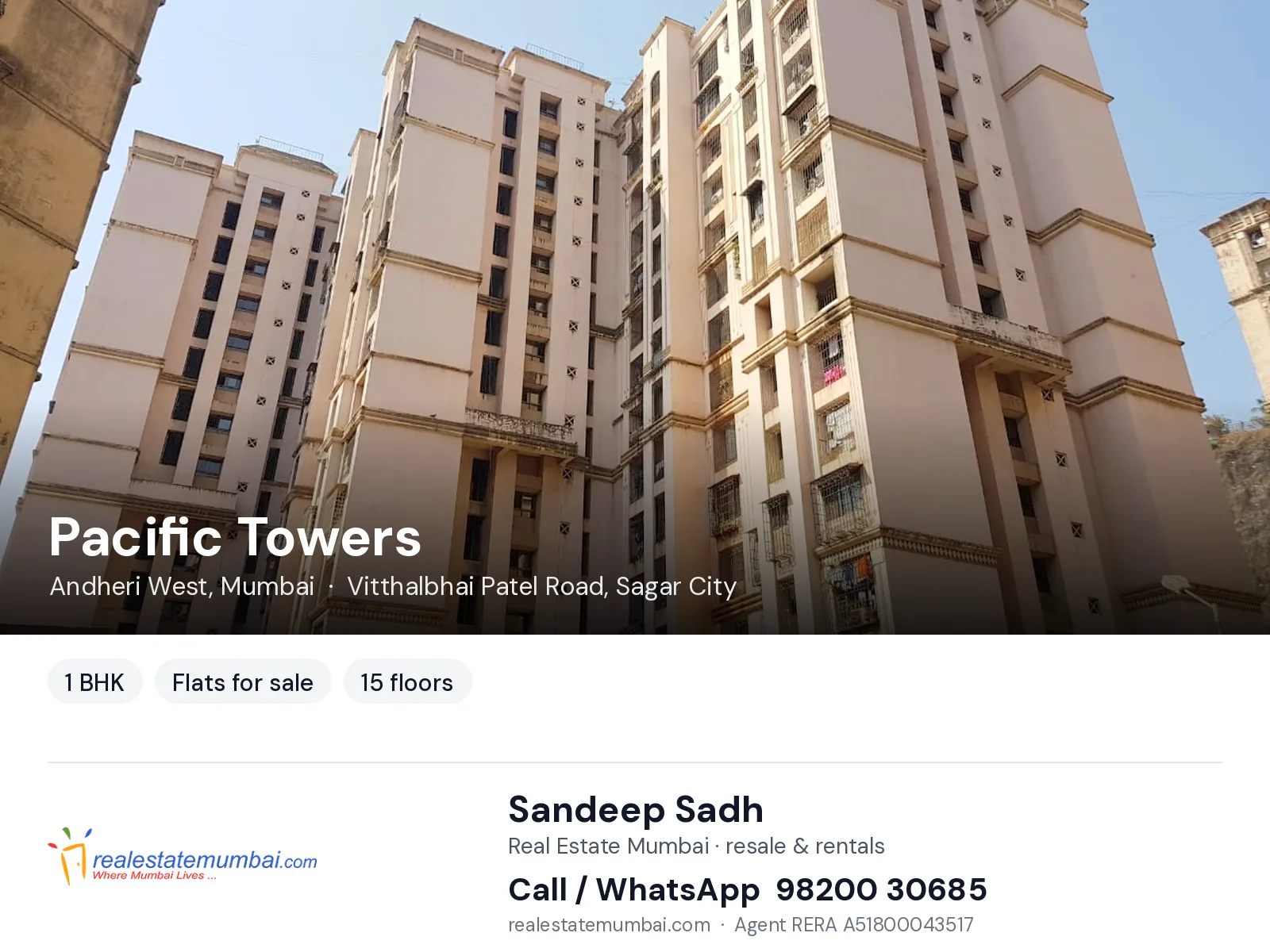 Pacific Towers, Andheri West, Mumbai — 1 BHK flats for sale | Real Estate Mumbai, Sandeep Sadh 98200 30685