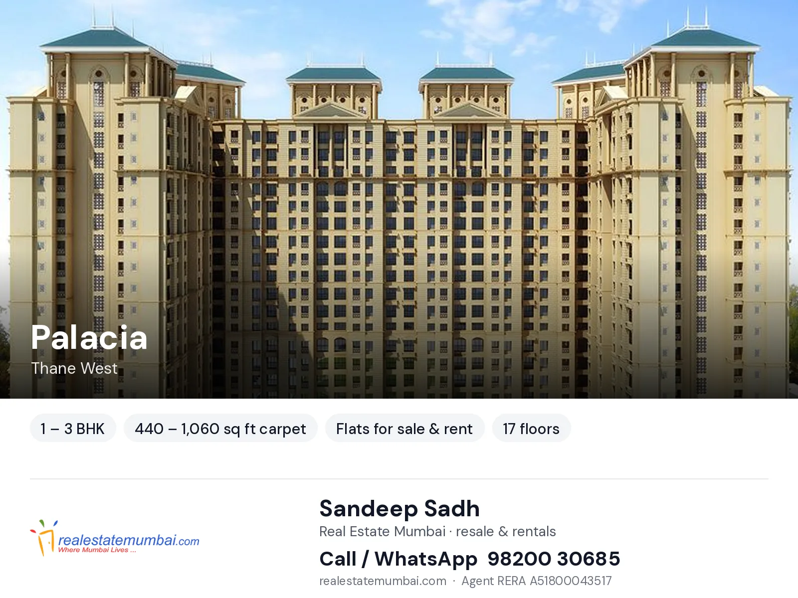 Palacia, Thane West — 1 – 3 BHK flats for sale & rent | Real Estate Mumbai, Sandeep Sadh 98200 30685