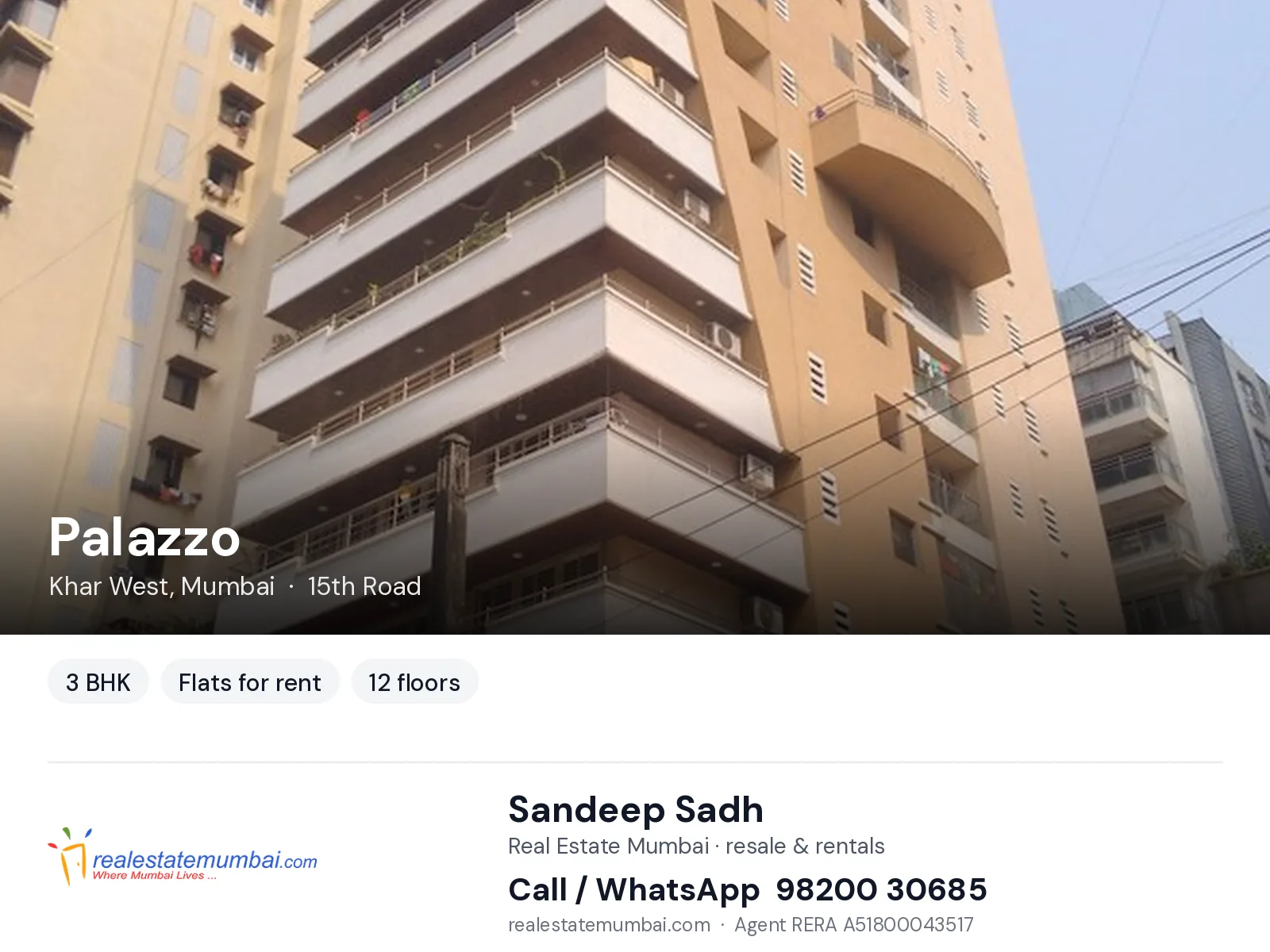 Palazzo, Khar West, Mumbai — 3 BHK flats for rent | Real Estate Mumbai, Sandeep Sadh 98200 30685