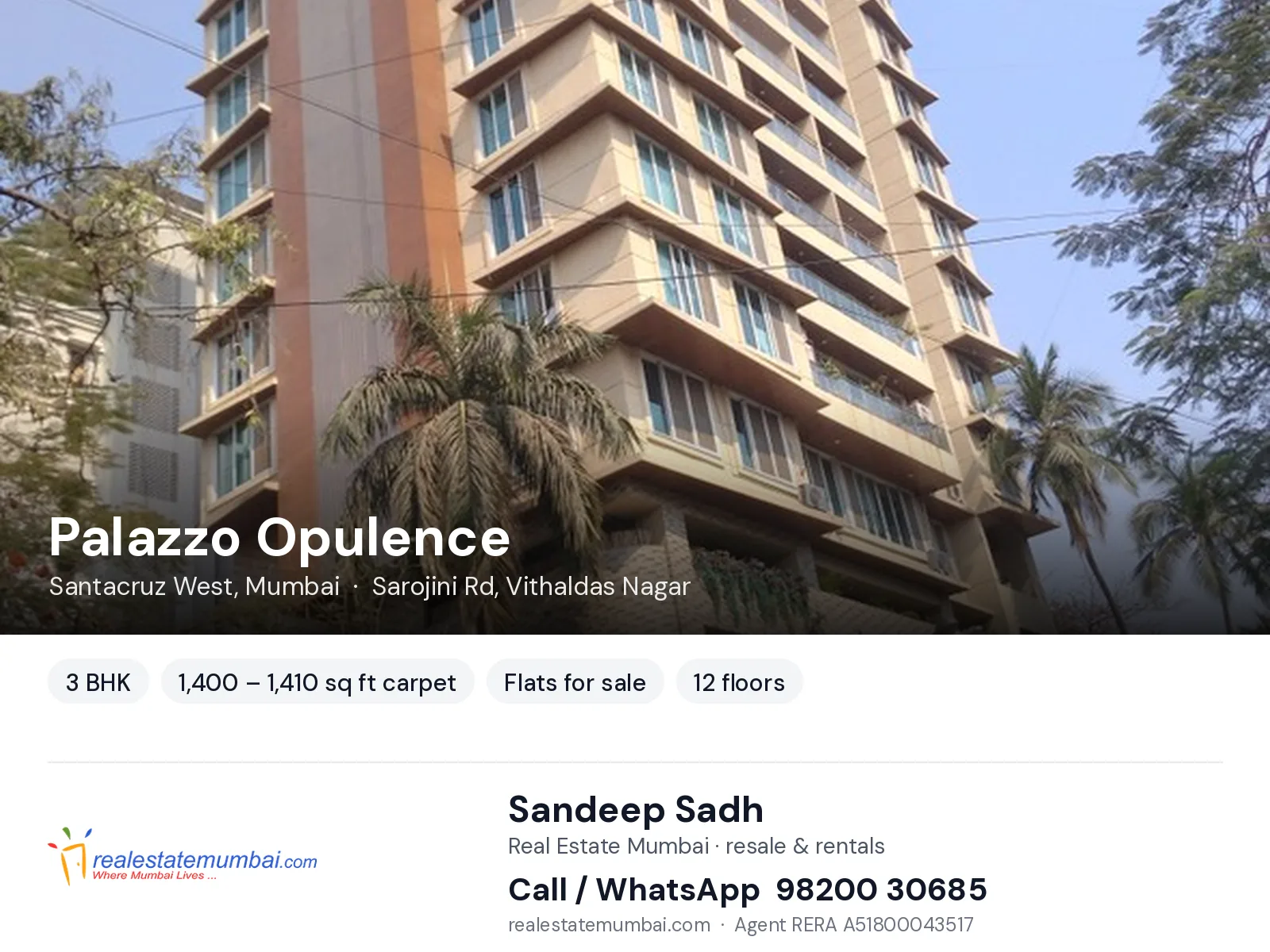 Palazzo Opulence, Santacruz West, Mumbai — 3 BHK flats for sale | Real Estate Mumbai, Sandeep Sadh 98200 30685