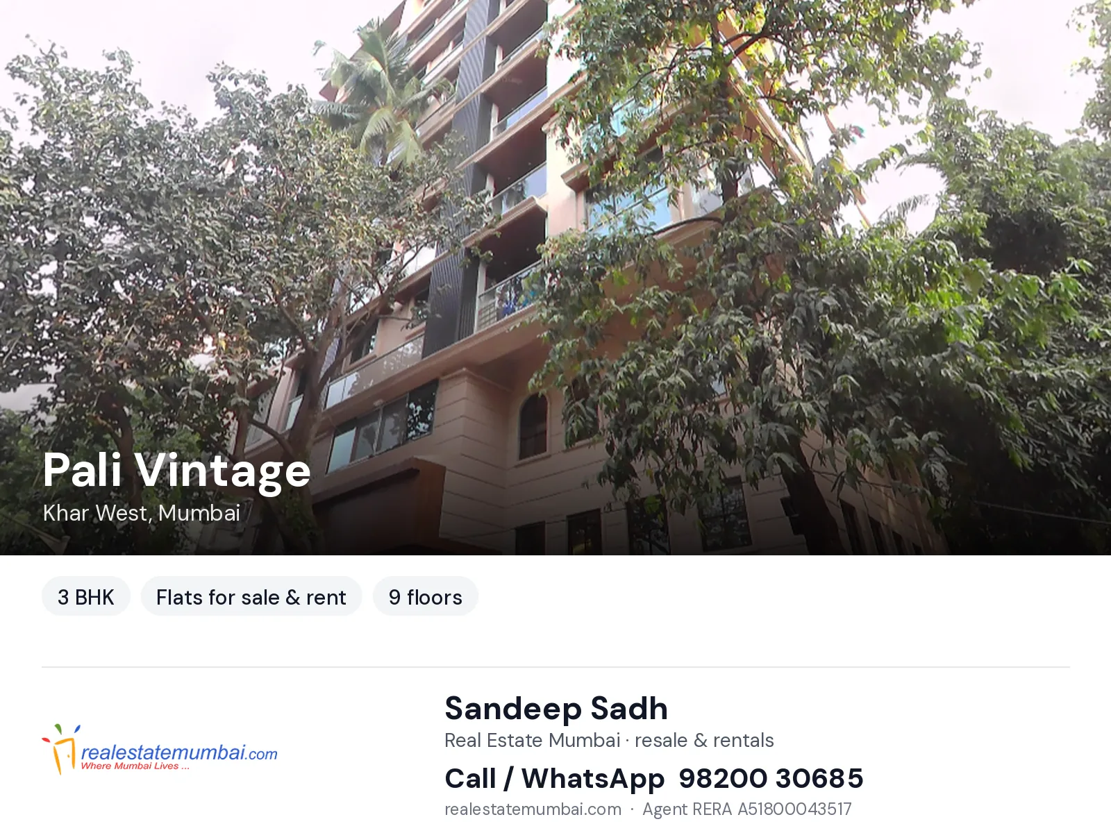 Pali Vintage, Khar West, Mumbai — 3 BHK flats for sale & rent | Real Estate Mumbai, Sandeep Sadh 98200 30685