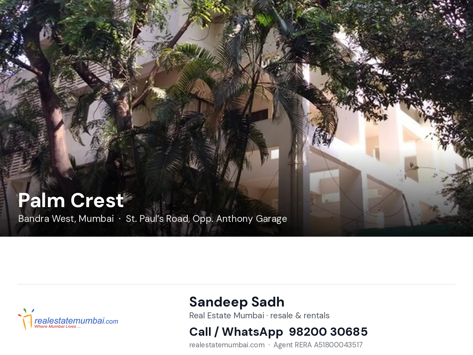 Palm Crest, Bandra West, Mumbai — flats | Real Estate Mumbai, Sandeep Sadh 98200 30685