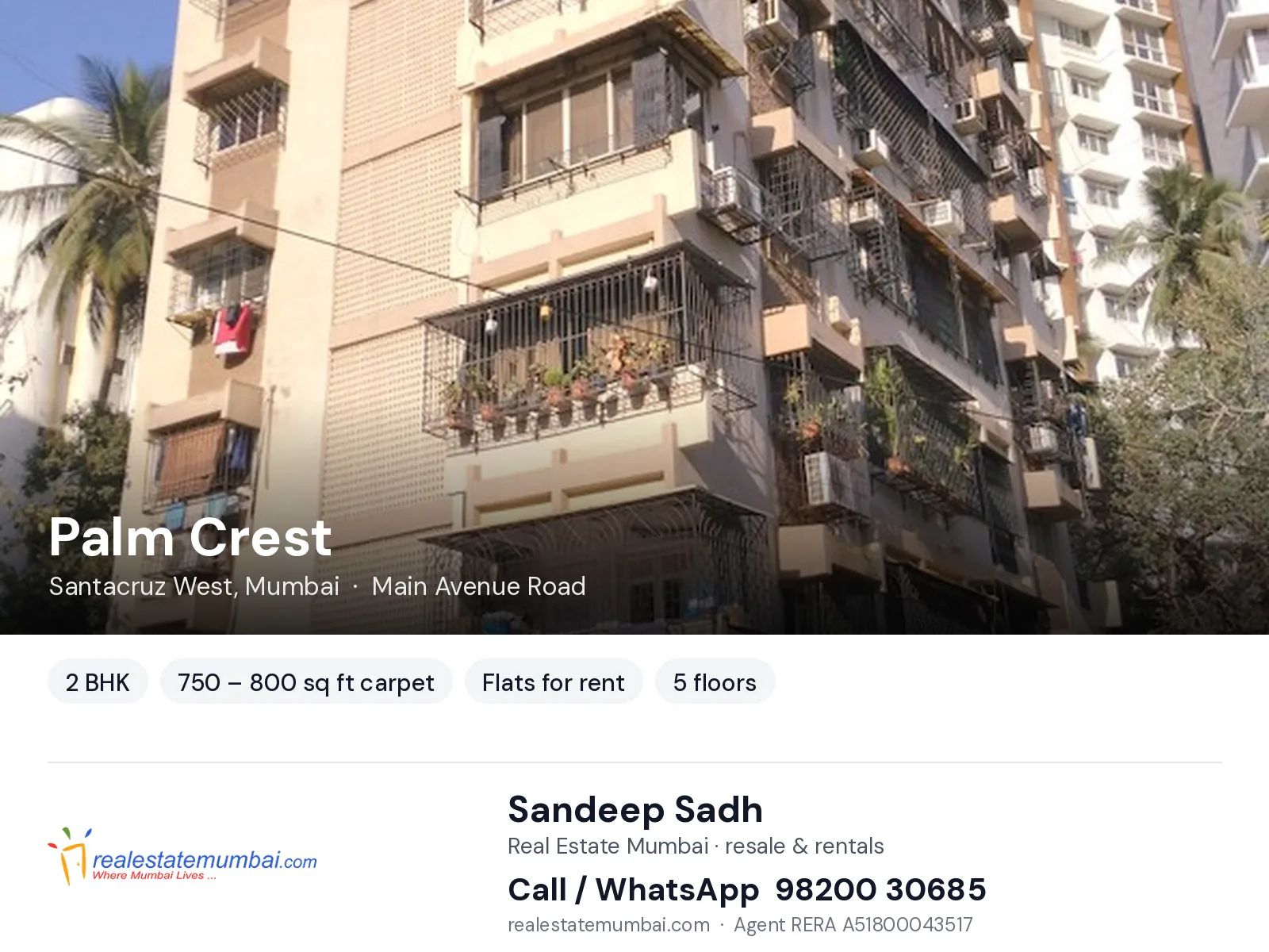 Palm Crest, Santacruz West, Mumbai — 2 BHK flats for rent | Real Estate Mumbai, Sandeep Sadh 98200 30685