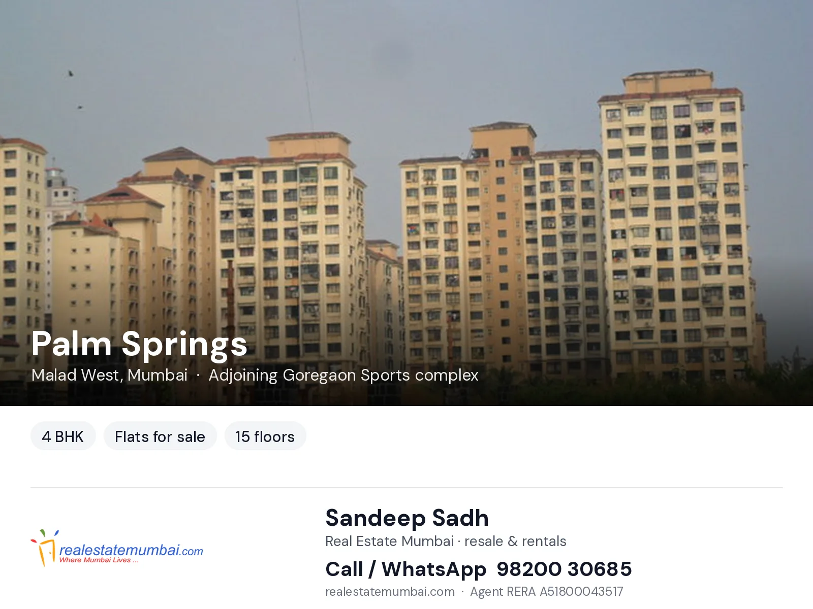 Palm Springs, Malad West, Mumbai — 4 BHK flats for sale | Real Estate Mumbai, Sandeep Sadh 98200 30685