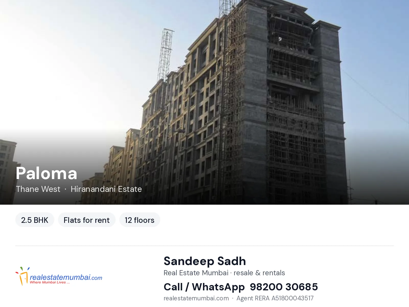 Paloma, Thane West — 2.5 BHK flats for rent | Real Estate Mumbai, Sandeep Sadh 98200 30685