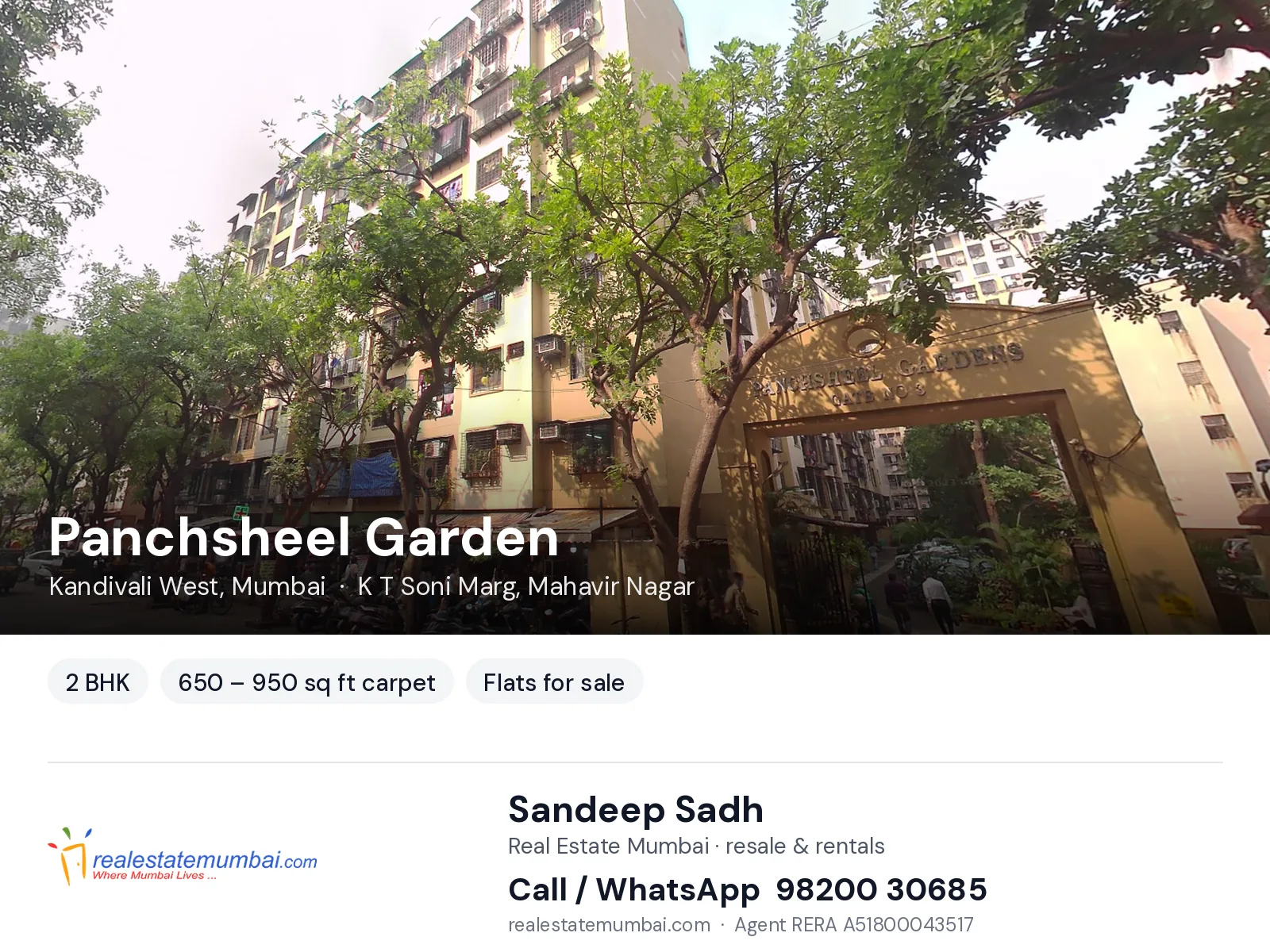 Panchsheel Garden, Kandivali West, Mumbai — 2 BHK flats for sale | Real Estate Mumbai, Sandeep Sadh 98200 30685