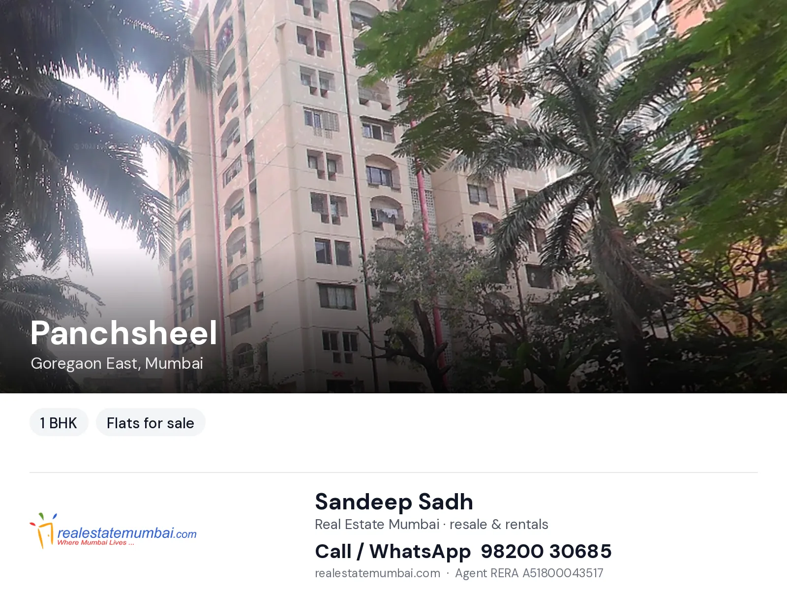 Panchsheel, Goregaon East, Mumbai — 1 BHK flats for sale | Real Estate Mumbai, Sandeep Sadh 98200 30685