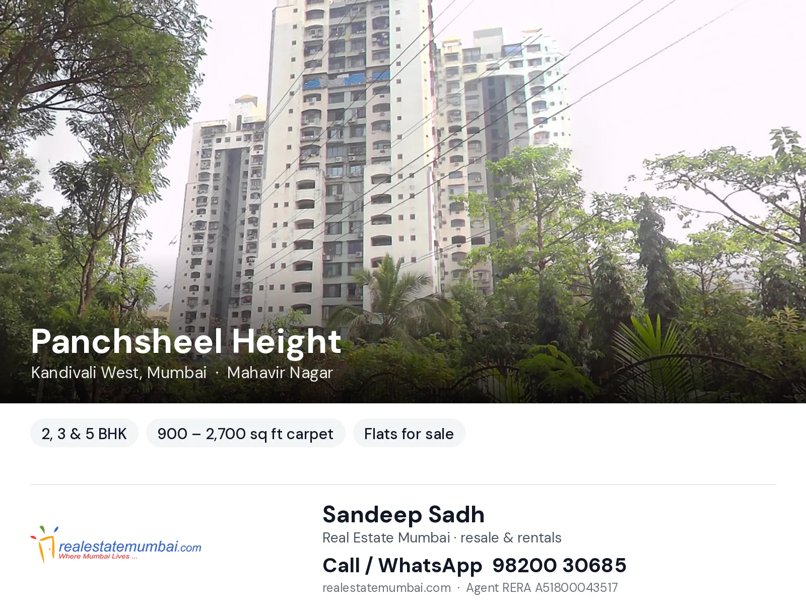 Panchsheel Height, Kandivali West, Mumbai — 2, 3 & 5 BHK flats for sale | Real Estate Mumbai, Sandeep Sadh 98200 30685
