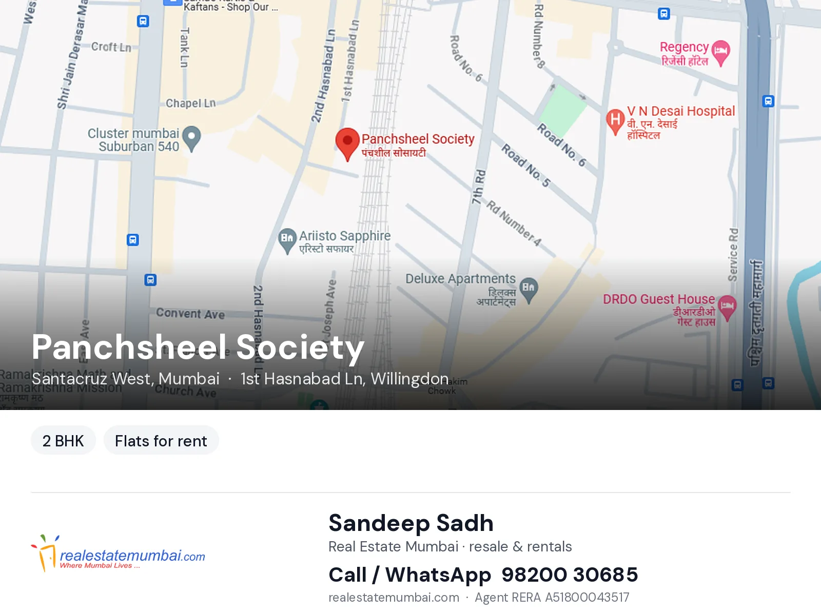 Panchsheel Society, Santacruz West, Mumbai — 2 BHK flats for rent | Real Estate Mumbai, Sandeep Sadh 98200 30685