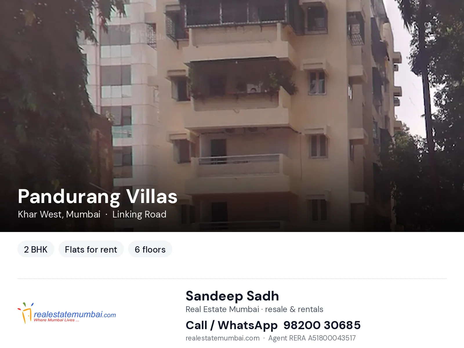 Pandurang Villas, Khar West, Mumbai — 2 BHK flats for rent | Real Estate Mumbai, Sandeep Sadh 98200 30685
