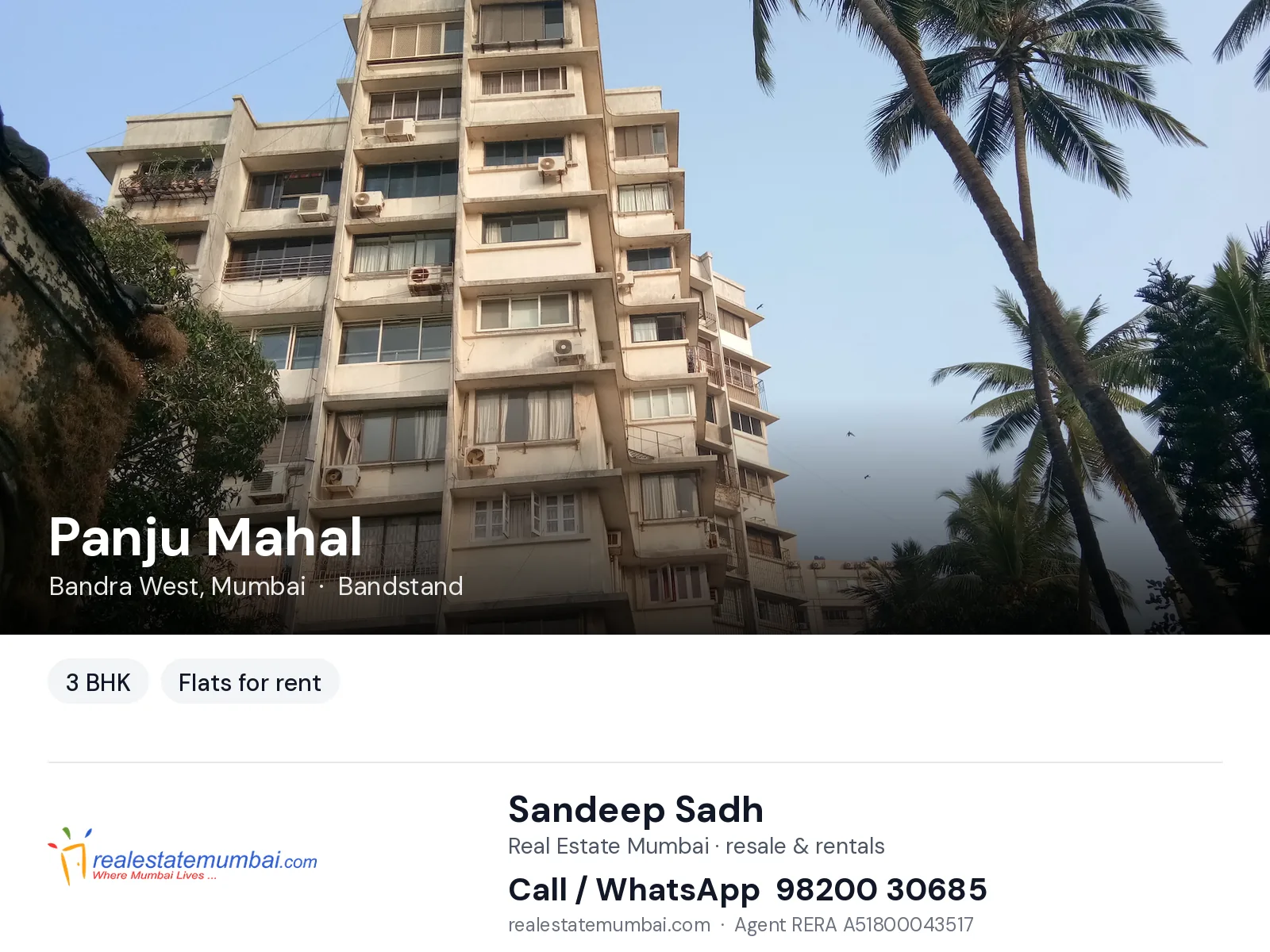Panju Mahal, Bandra West, Mumbai — 3 BHK flats for rent | Real Estate Mumbai, Sandeep Sadh 98200 30685