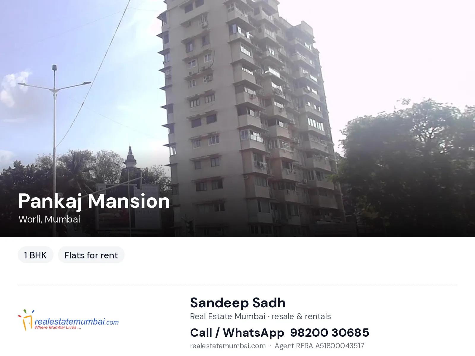 Pankaj Mansion, Worli, Mumbai — 1 BHK flats for rent | Real Estate Mumbai, Sandeep Sadh 98200 30685