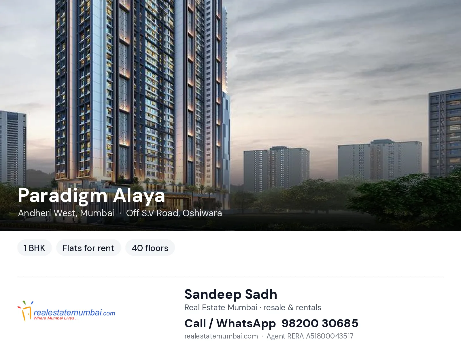 Paradigm Alaya, Andheri West, Mumbai — 1 BHK flats for rent | Real Estate Mumbai, Sandeep Sadh 98200 30685