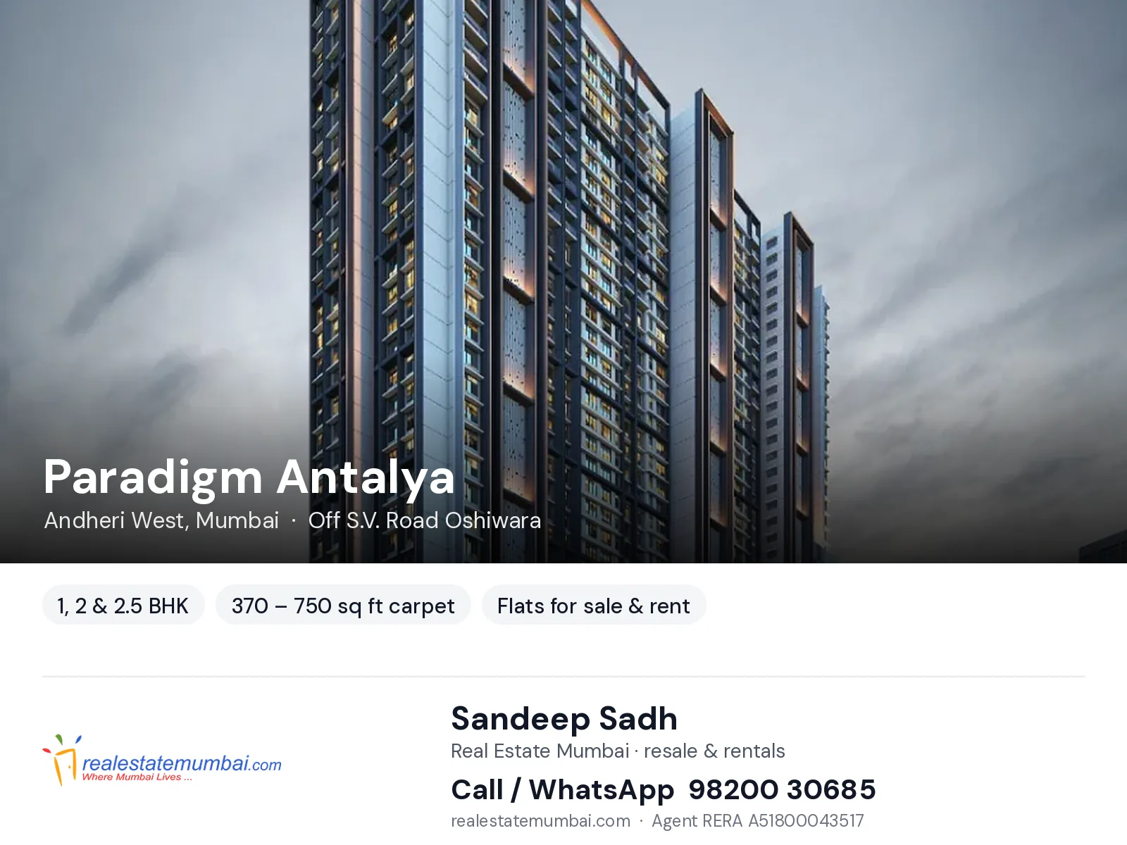 Paradigm Antalya, Andheri West, Mumbai — 1, 2 & 2.5 BHK flats for sale & rent | Real Estate Mumbai, Sandeep Sadh 98200 30685