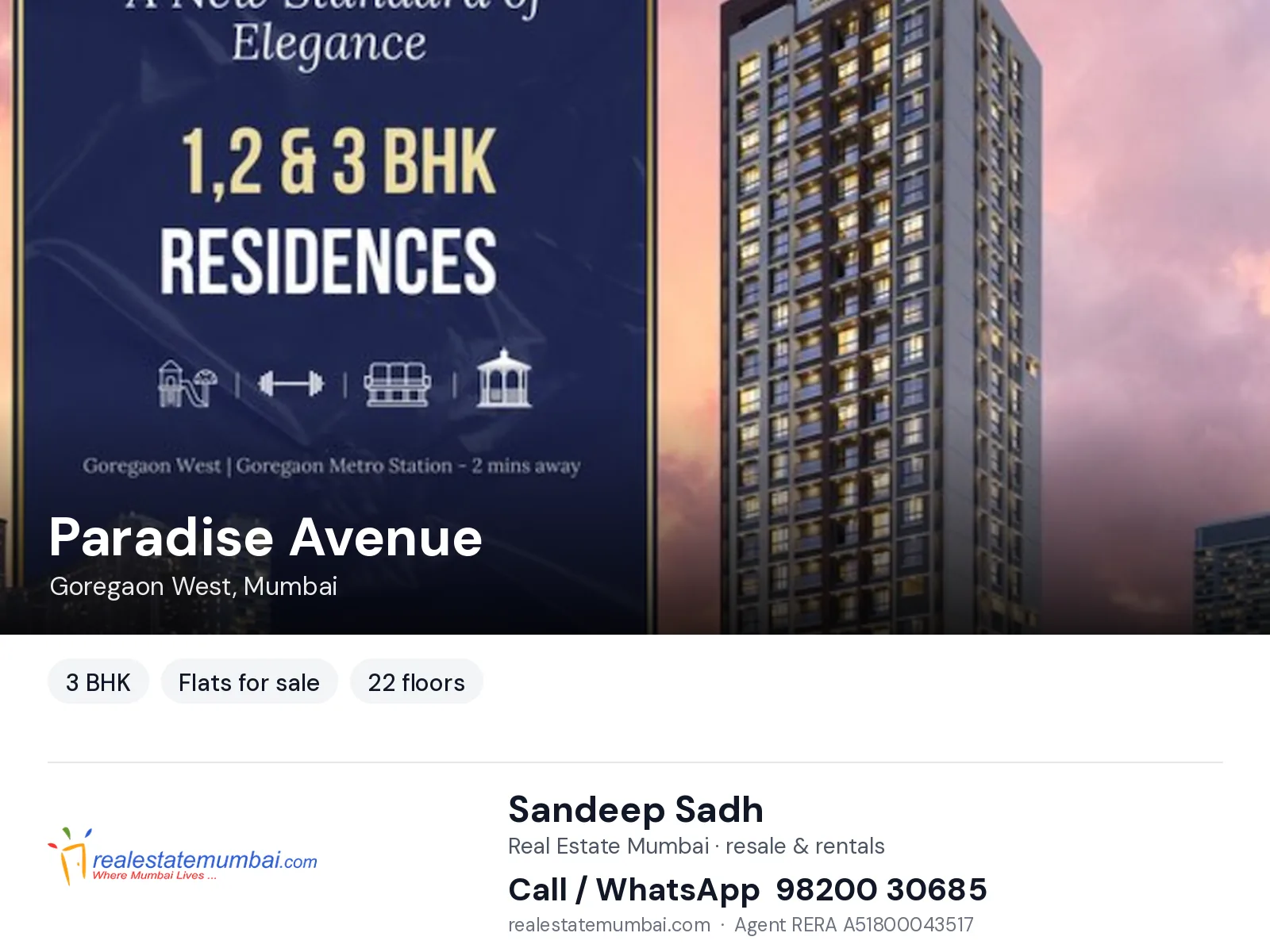 Paradise Avenue, Goregaon West, Mumbai — 3 BHK flats for sale | Real Estate Mumbai, Sandeep Sadh 98200 30685