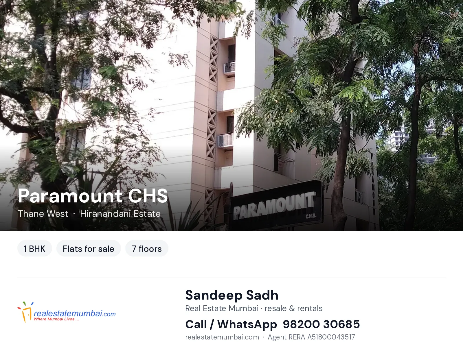 Paramount CHS, Thane West — 1 BHK flats for sale | Real Estate Mumbai, Sandeep Sadh 98200 30685