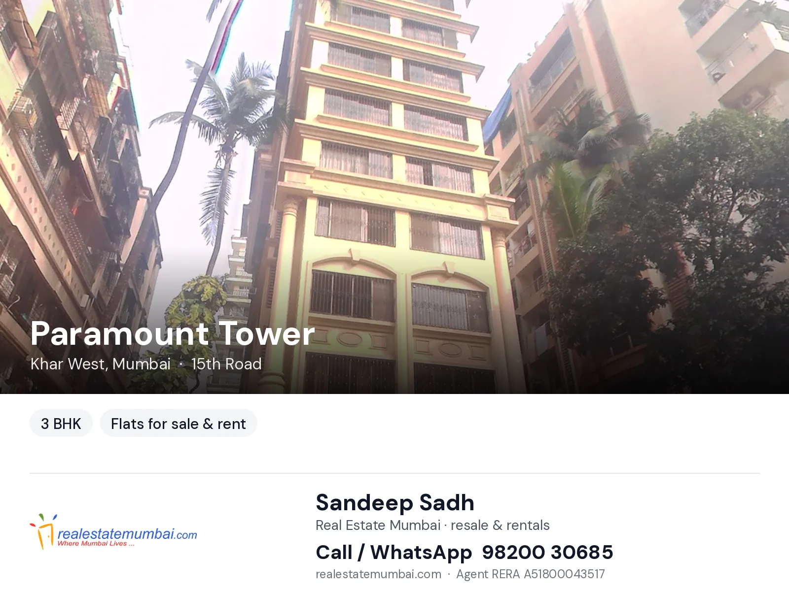 Paramount Tower, Khar West, Mumbai — 3 BHK flats for sale & rent | Real Estate Mumbai, Sandeep Sadh 98200 30685