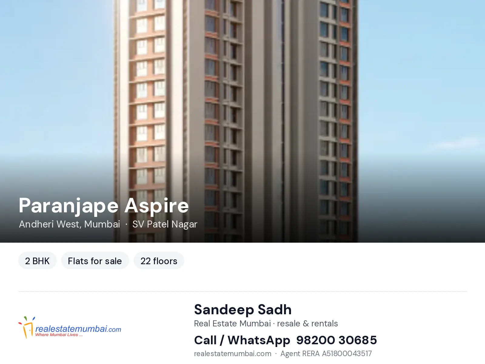 Paranjape Aspire, Andheri West, Mumbai — 2 BHK flats for sale | Real Estate Mumbai, Sandeep Sadh 98200 30685
