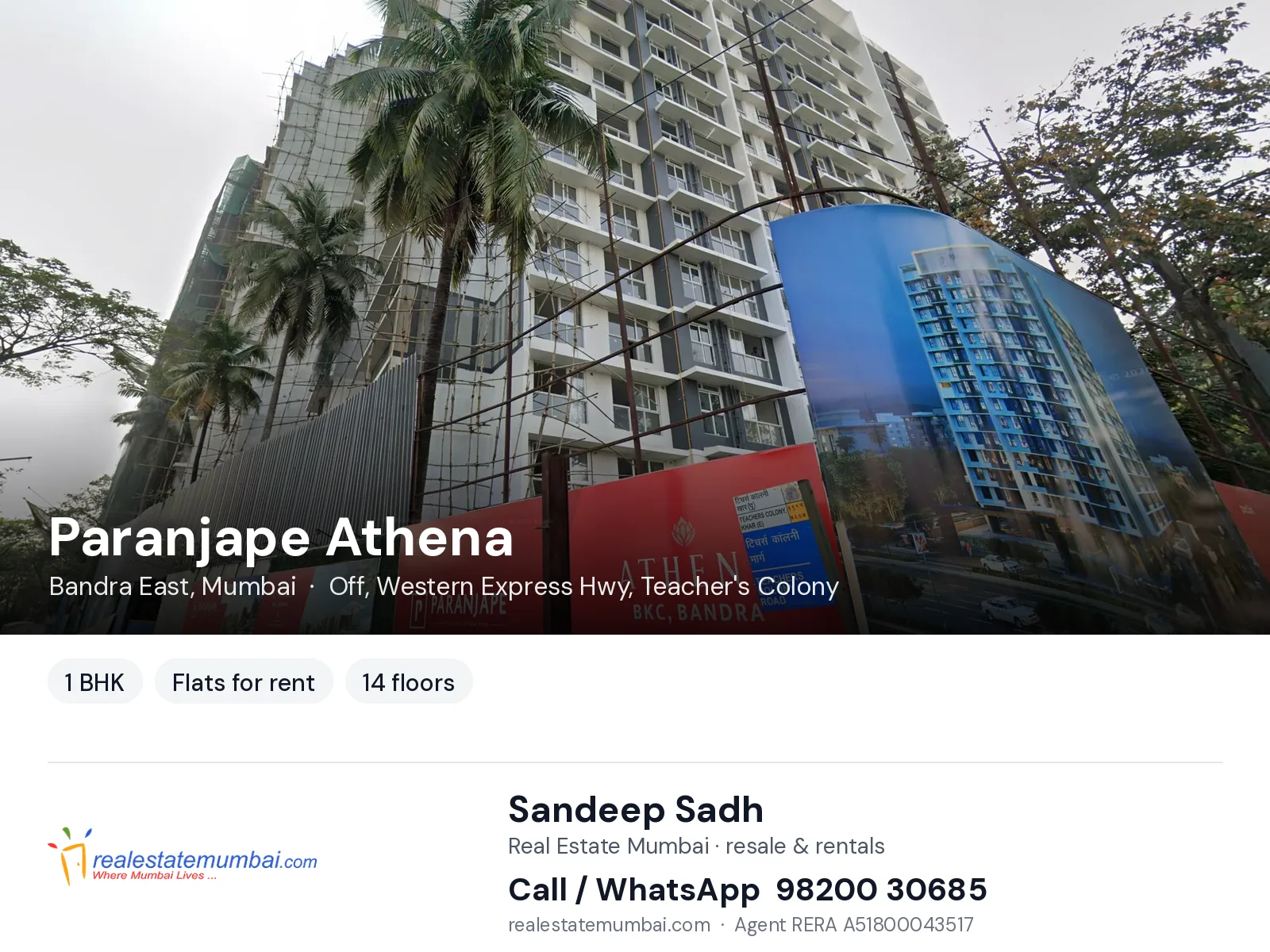 Paranjape Athena, Bandra East, Mumbai — 1 BHK flats for rent | Real Estate Mumbai, Sandeep Sadh 98200 30685