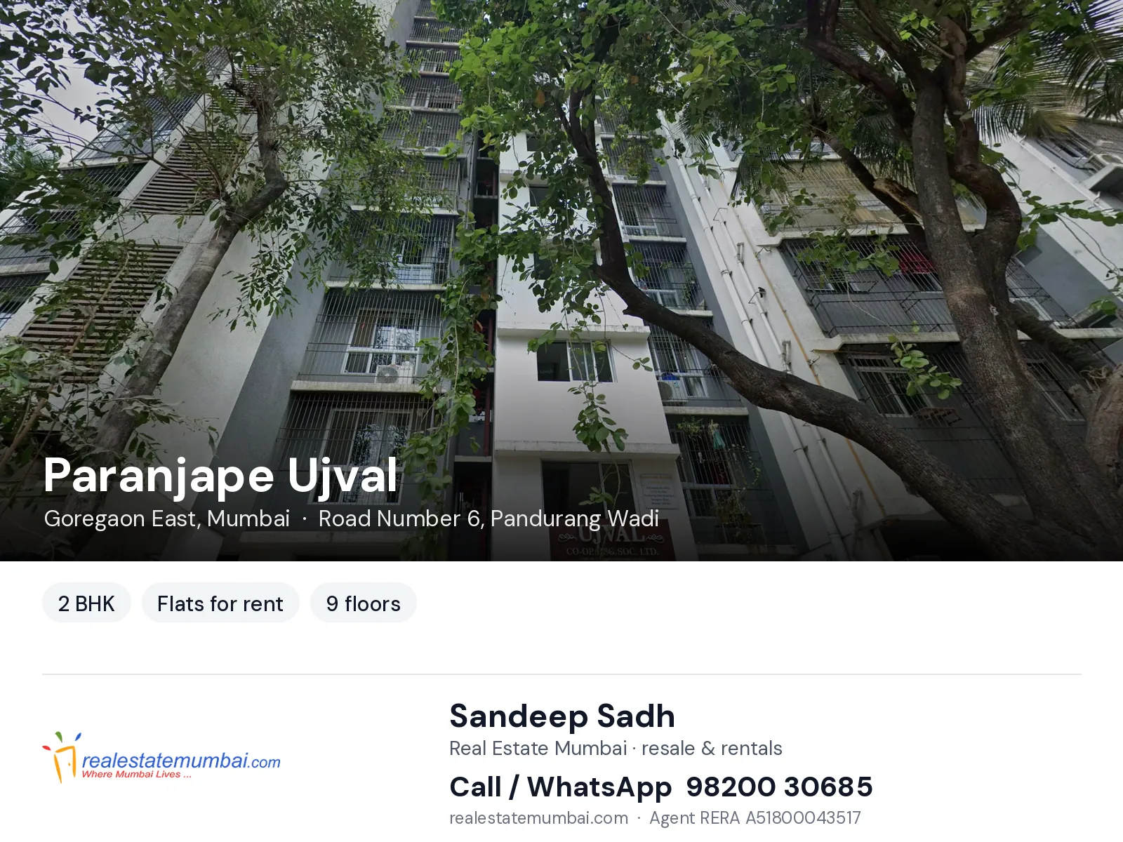 Paranjape Ujval, Goregaon East, Mumbai — 2 BHK flats for rent | Real Estate Mumbai, Sandeep Sadh 98200 30685