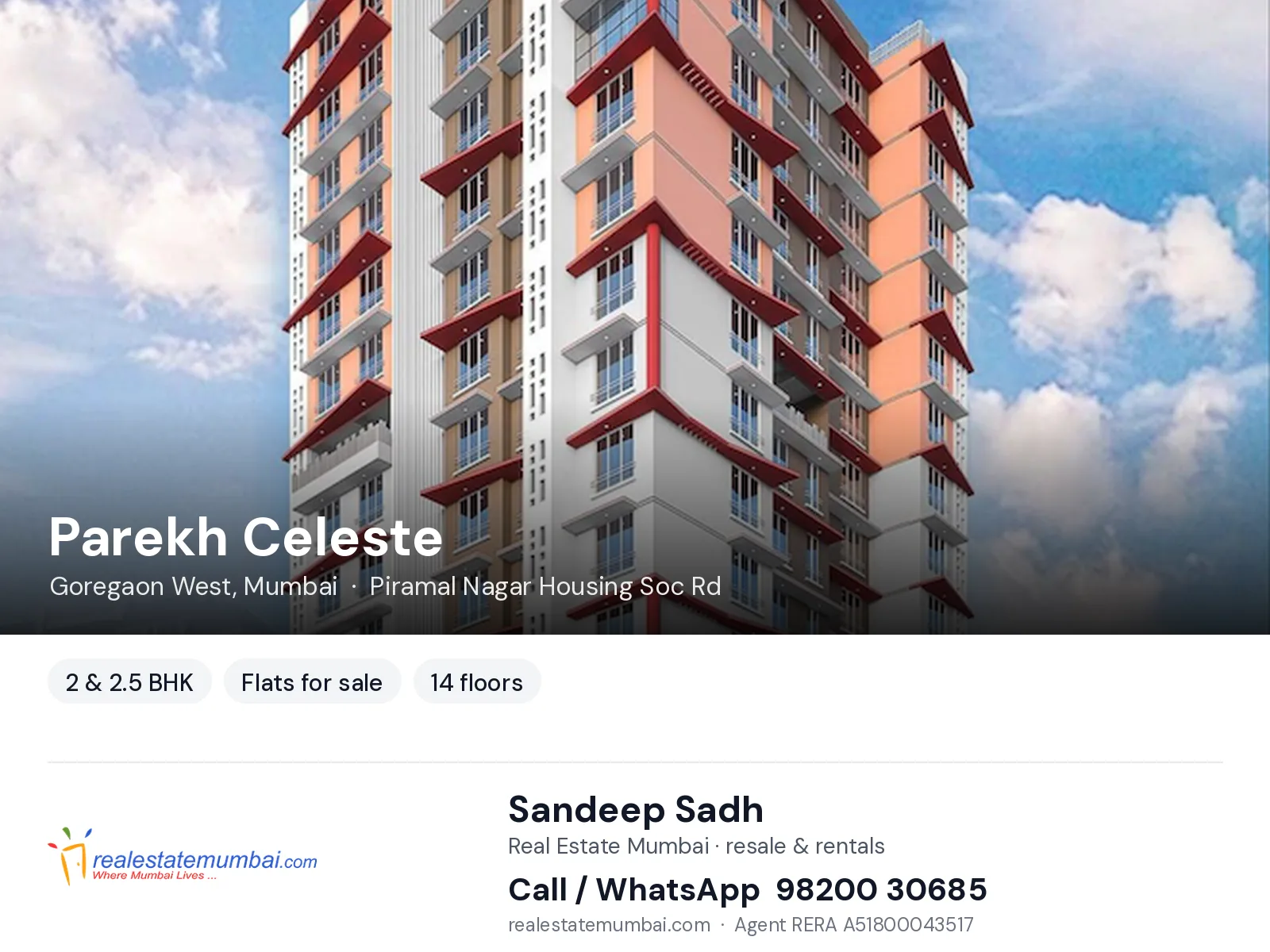 Parekh Celeste, Goregaon West, Mumbai — 2 & 2.5 BHK flats for sale | Real Estate Mumbai, Sandeep Sadh 98200 30685