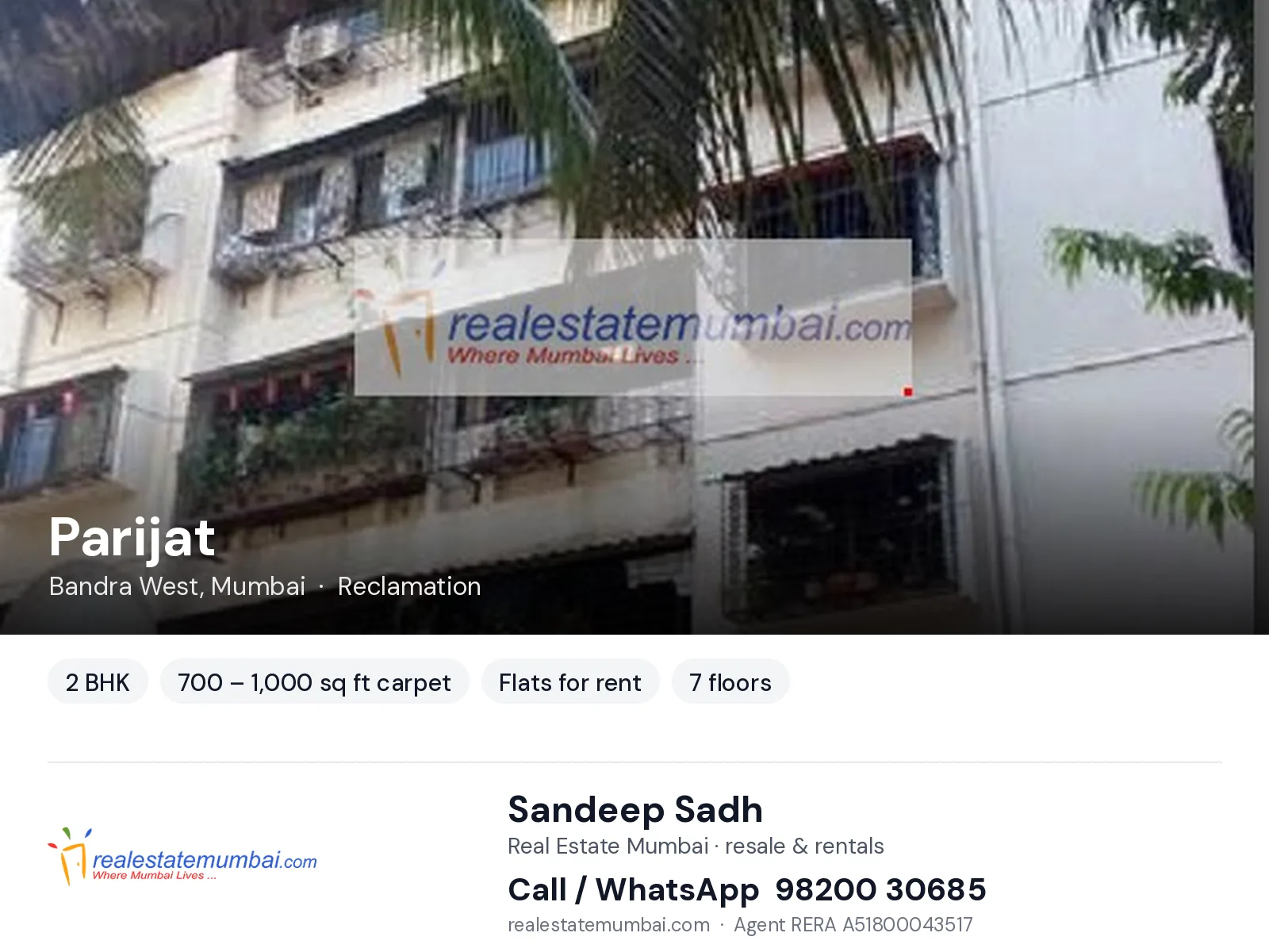Parijat, Bandra West, Mumbai — 2 BHK flats for rent | Real Estate Mumbai, Sandeep Sadh 98200 30685
