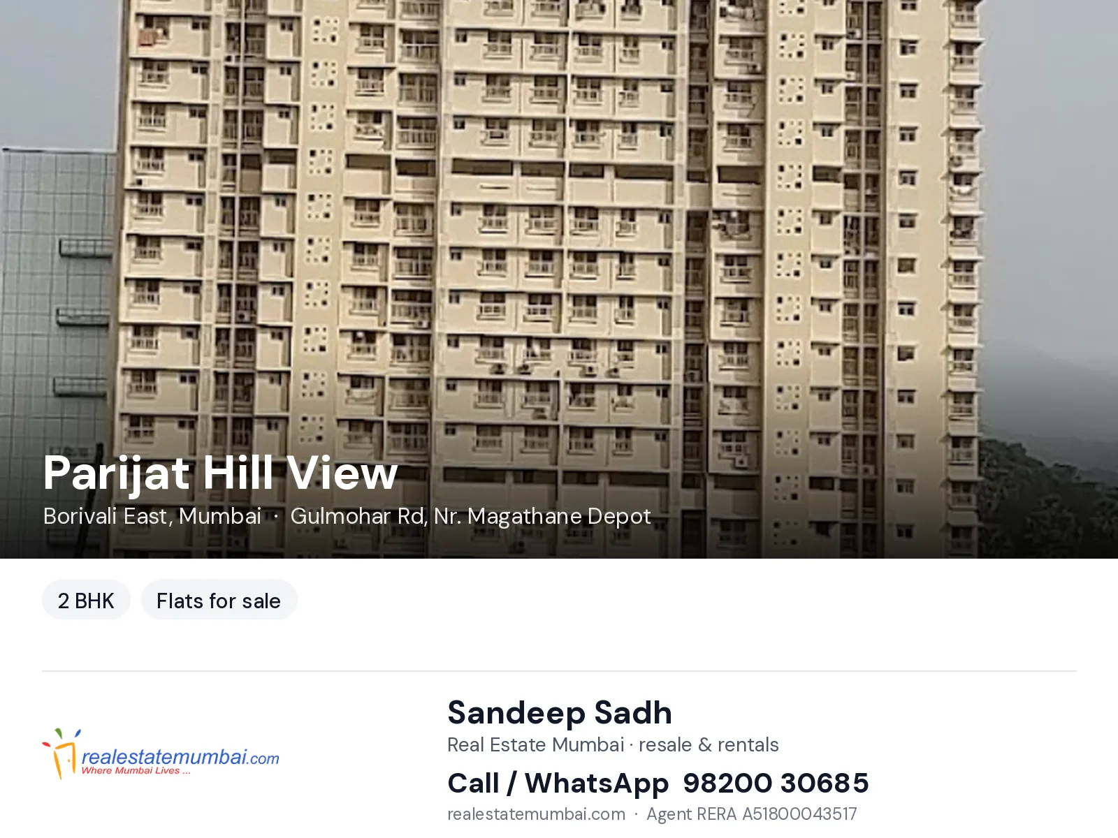 Parijat Hill View, Borivali East, Mumbai — 2 BHK flats for sale | Real Estate Mumbai, Sandeep Sadh 98200 30685