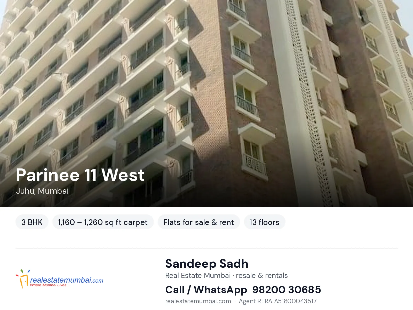 Parinee 11 West, Juhu, Mumbai — 3 BHK flats for sale & rent | Real Estate Mumbai, Sandeep Sadh 98200 30685