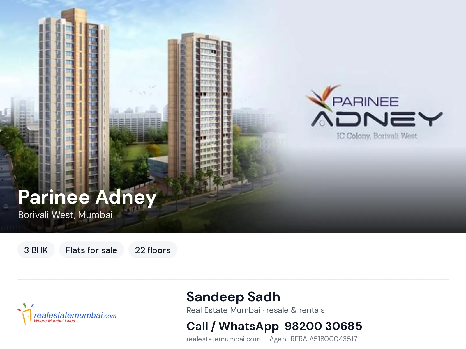Parinee Adney, Borivali West, Mumbai — 3 BHK flats for sale | Real Estate Mumbai, Sandeep Sadh 98200 30685