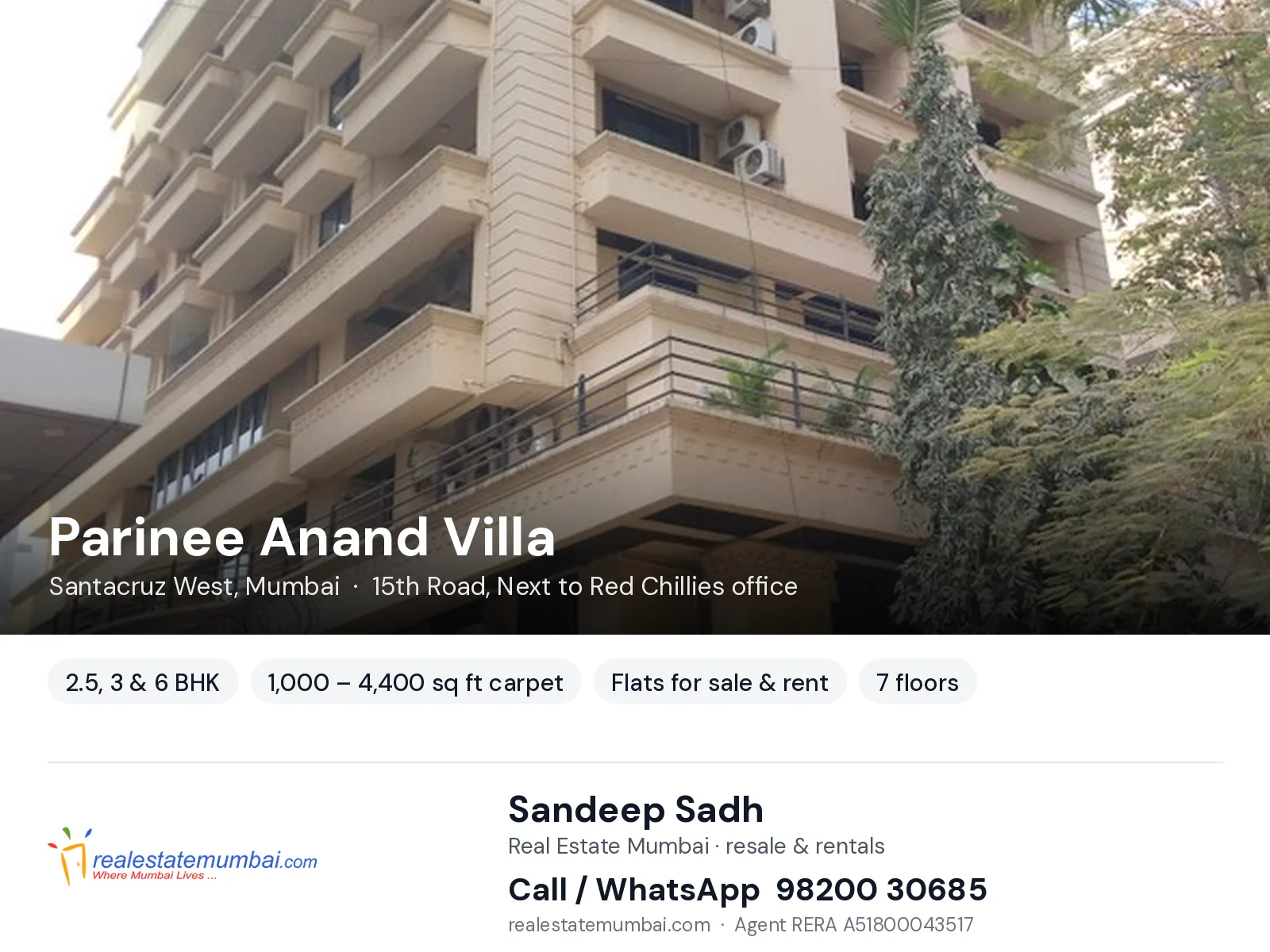 Parinee Anand Villa, Santacruz West, Mumbai — 2.5, 3 & 6 BHK flats for sale & rent | Real Estate Mumbai, Sandeep Sadh 98200 30685