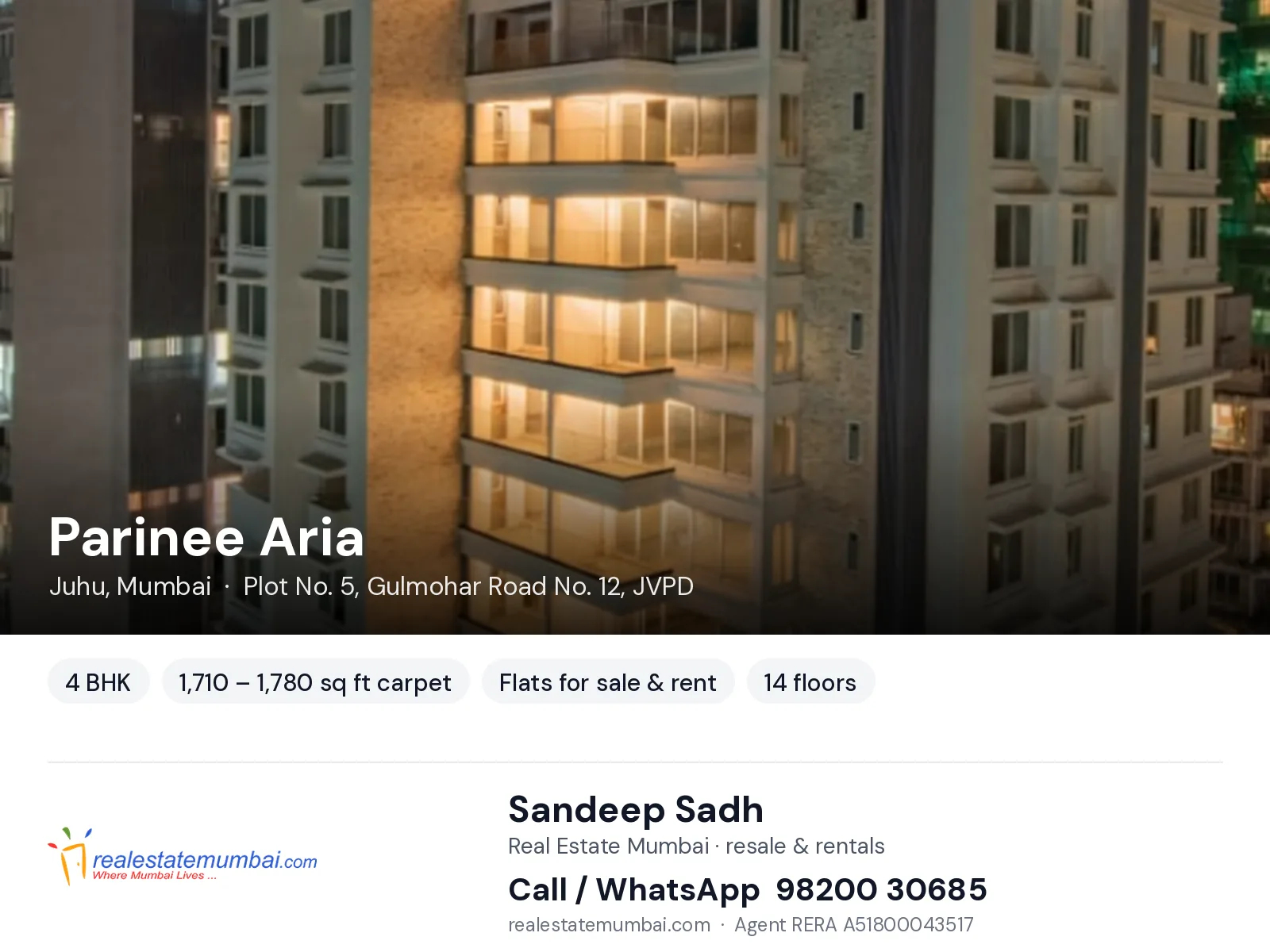 Parinee Aria, Juhu, Mumbai — 4 BHK flats for sale & rent | Real Estate Mumbai, Sandeep Sadh 98200 30685