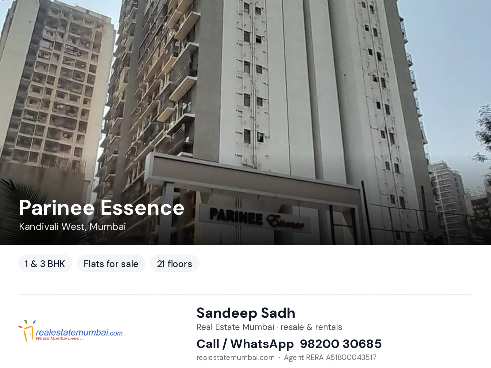 Parinee Essence, Kandivali West, Mumbai — 1 & 3 BHK flats for sale | Real Estate Mumbai, Sandeep Sadh 98200 30685