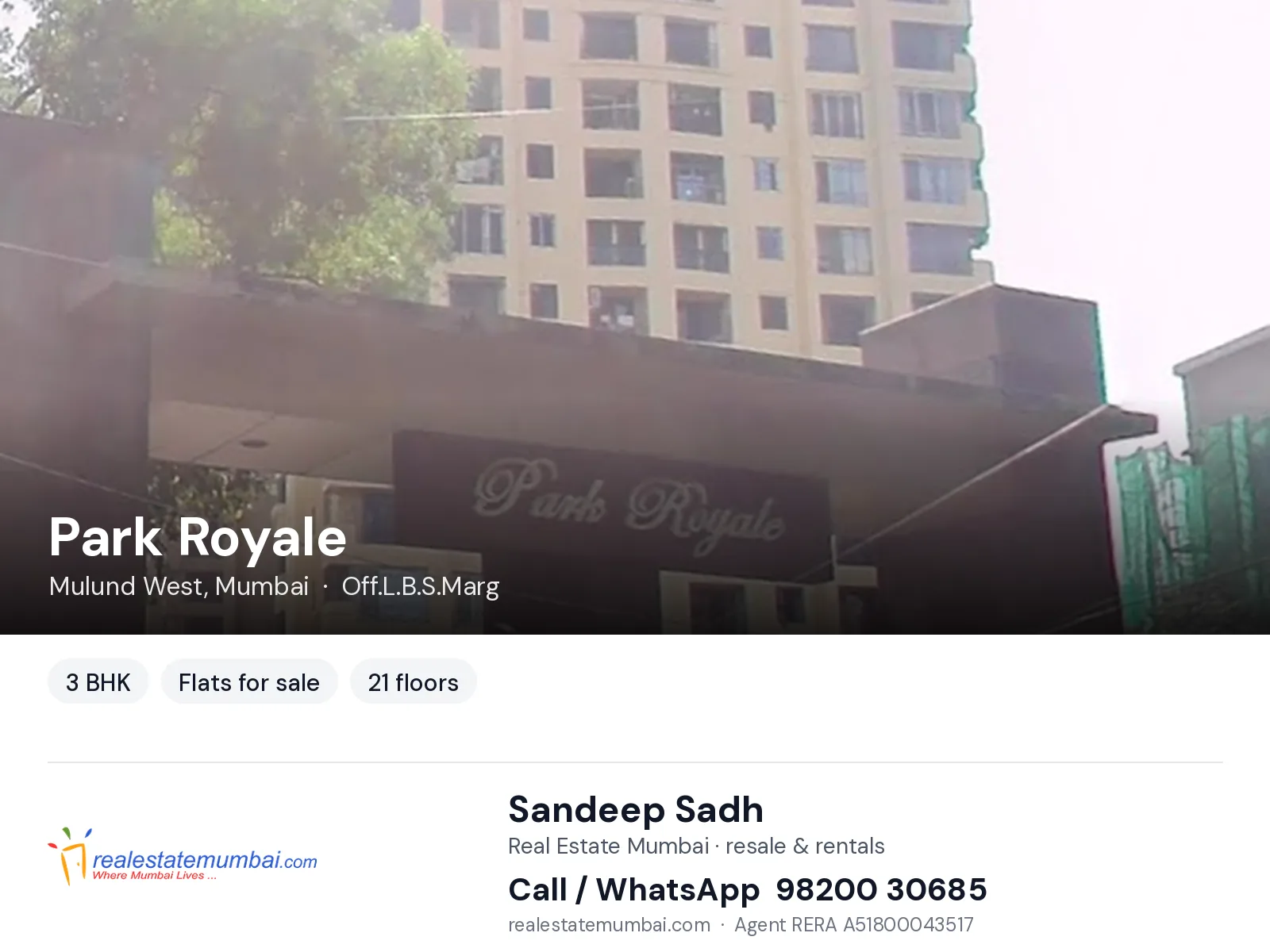 Park Royale, Mulund West, Mumbai — 3 BHK flats for sale | Real Estate Mumbai, Sandeep Sadh 98200 30685