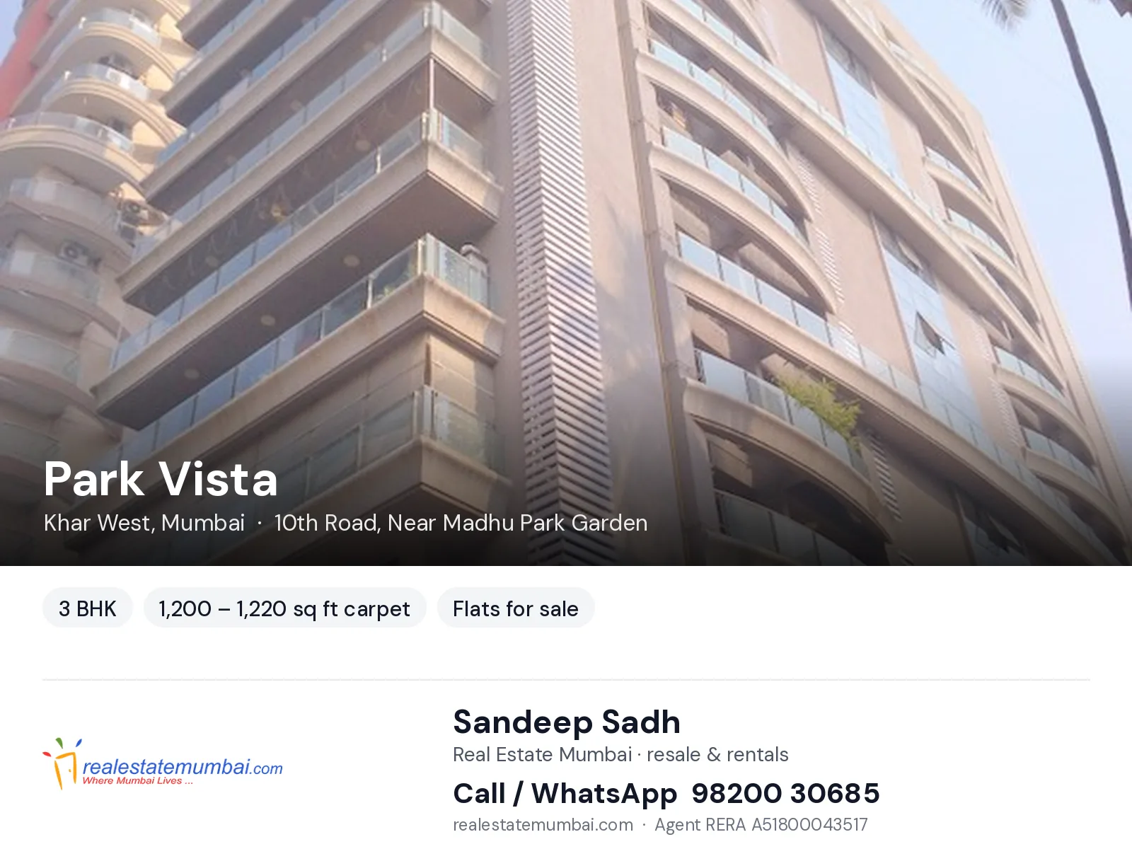 Park Vista, Khar West, Mumbai — 3 BHK flats for sale | Real Estate Mumbai, Sandeep Sadh 98200 30685