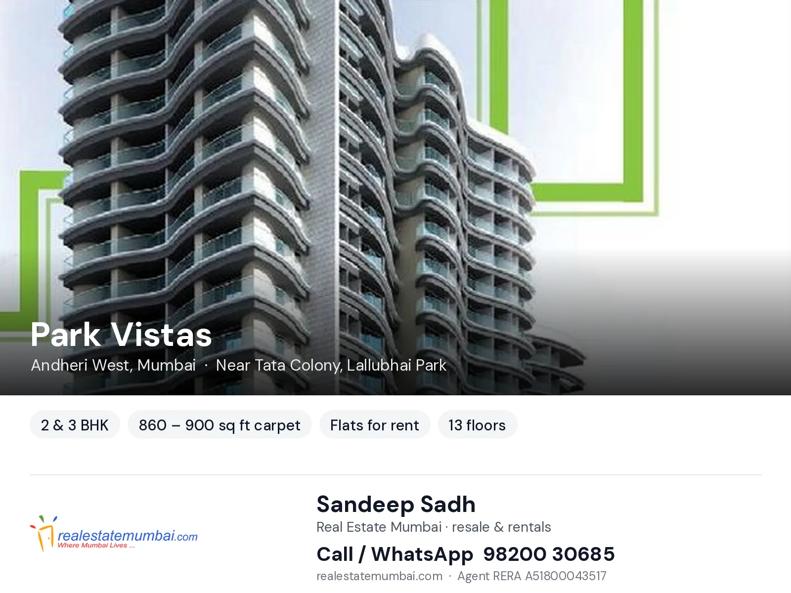 Park Vistas, Andheri West, Mumbai — 2 & 3 BHK flats for rent | Real Estate Mumbai, Sandeep Sadh 98200 30685