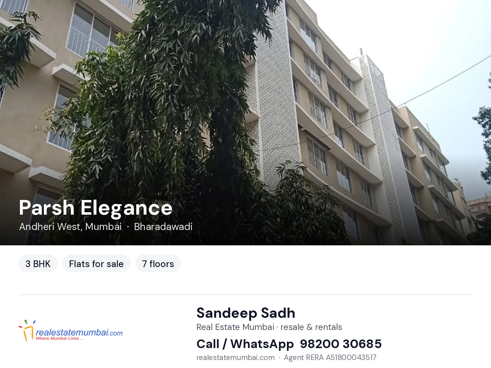 Parsh Elegance, Andheri West, Mumbai — 3 BHK flats for sale | Real Estate Mumbai, Sandeep Sadh 98200 30685