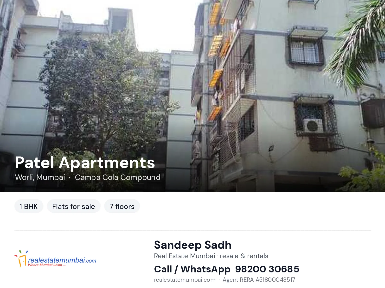 Patel Apartments, Worli, Mumbai — 1 BHK flats for sale | Real Estate Mumbai, Sandeep Sadh 98200 30685