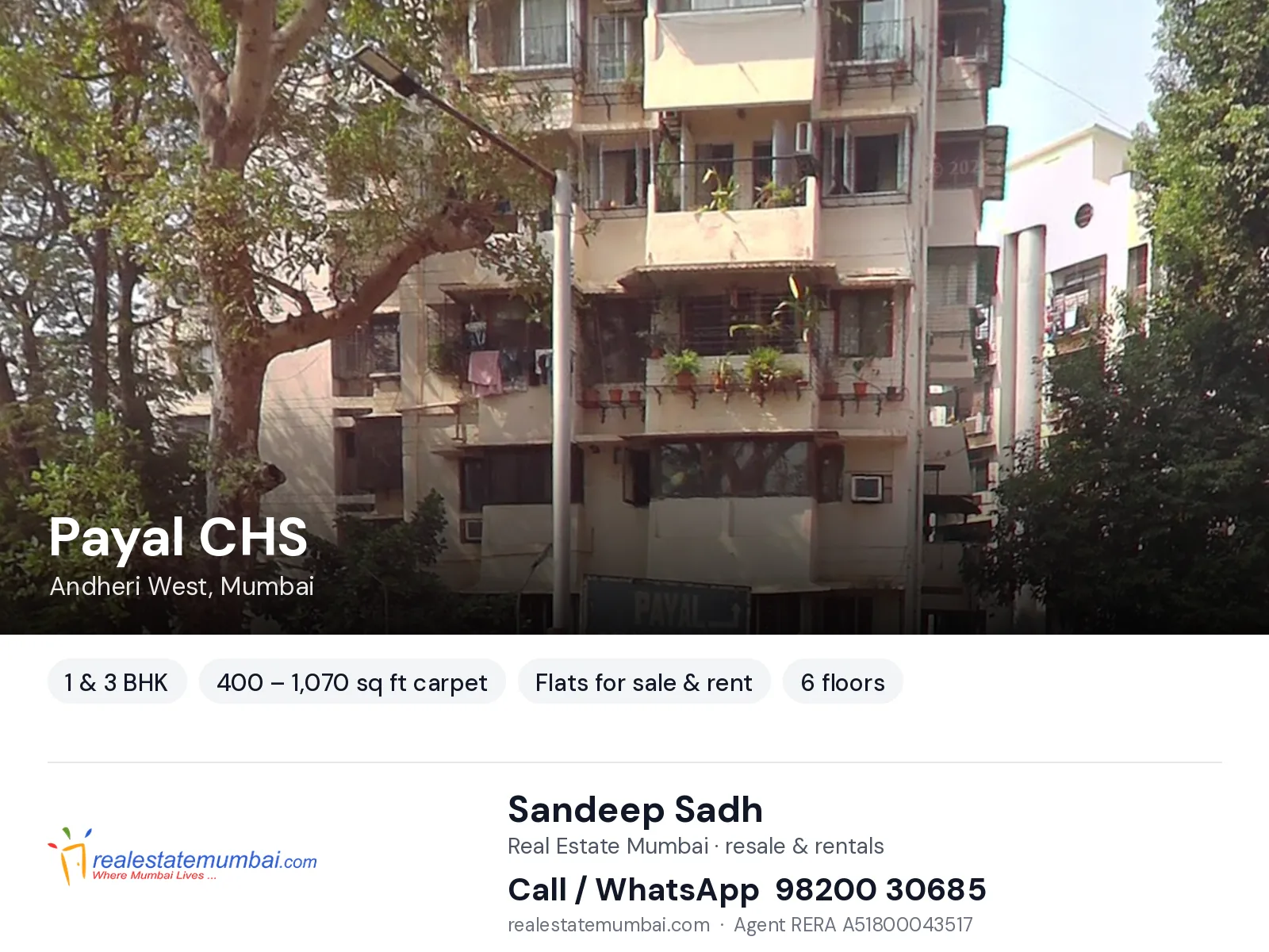 Payal CHS, Andheri West, Mumbai — 1 & 3 BHK flats for sale & rent | Real Estate Mumbai, Sandeep Sadh 98200 30685