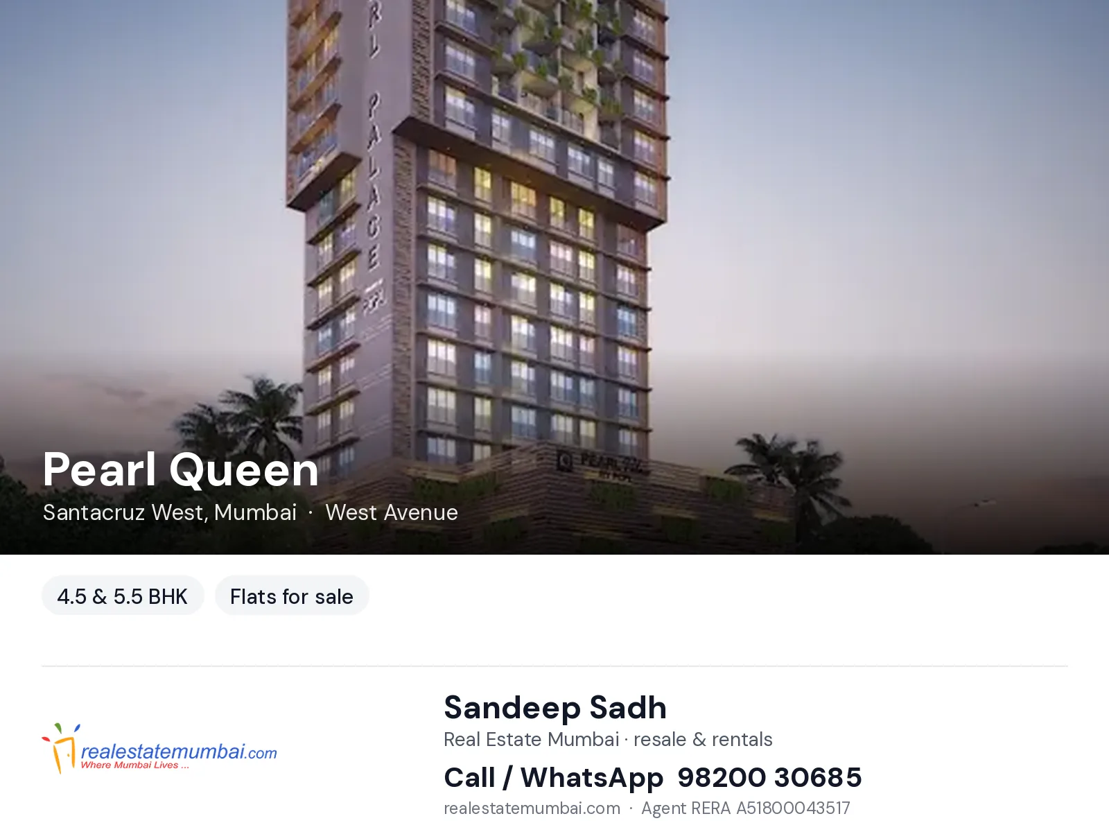 Pearl Queen, Santacruz West, Mumbai — 4.5 & 5.5 BHK flats for sale | Real Estate Mumbai, Sandeep Sadh 98200 30685
