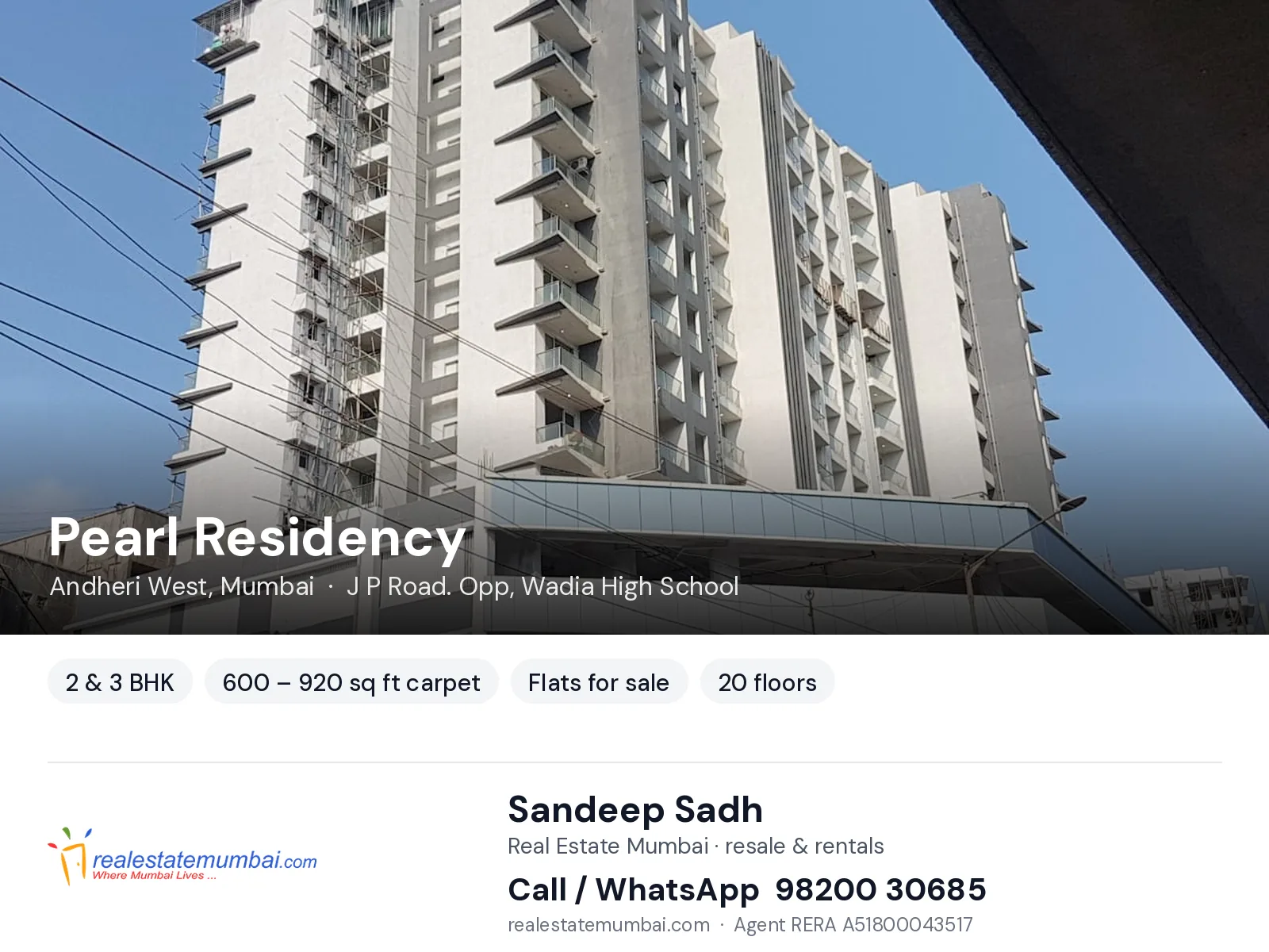 Pearl Residency, Andheri West, Mumbai — 2 & 3 BHK flats for sale | Real Estate Mumbai, Sandeep Sadh 98200 30685