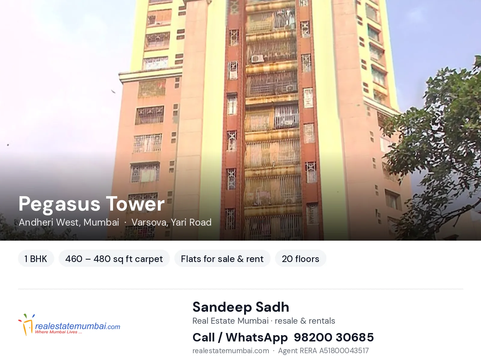 Pegasus Tower, Andheri West, Mumbai — 1 BHK flats for sale & rent | Real Estate Mumbai, Sandeep Sadh 98200 30685