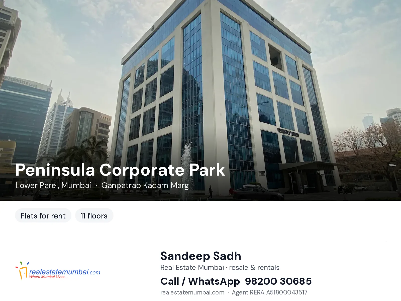 Peninsula Corporate Park, Lower Parel, Mumbai — flats for rent | Real Estate Mumbai, Sandeep Sadh 98200 30685