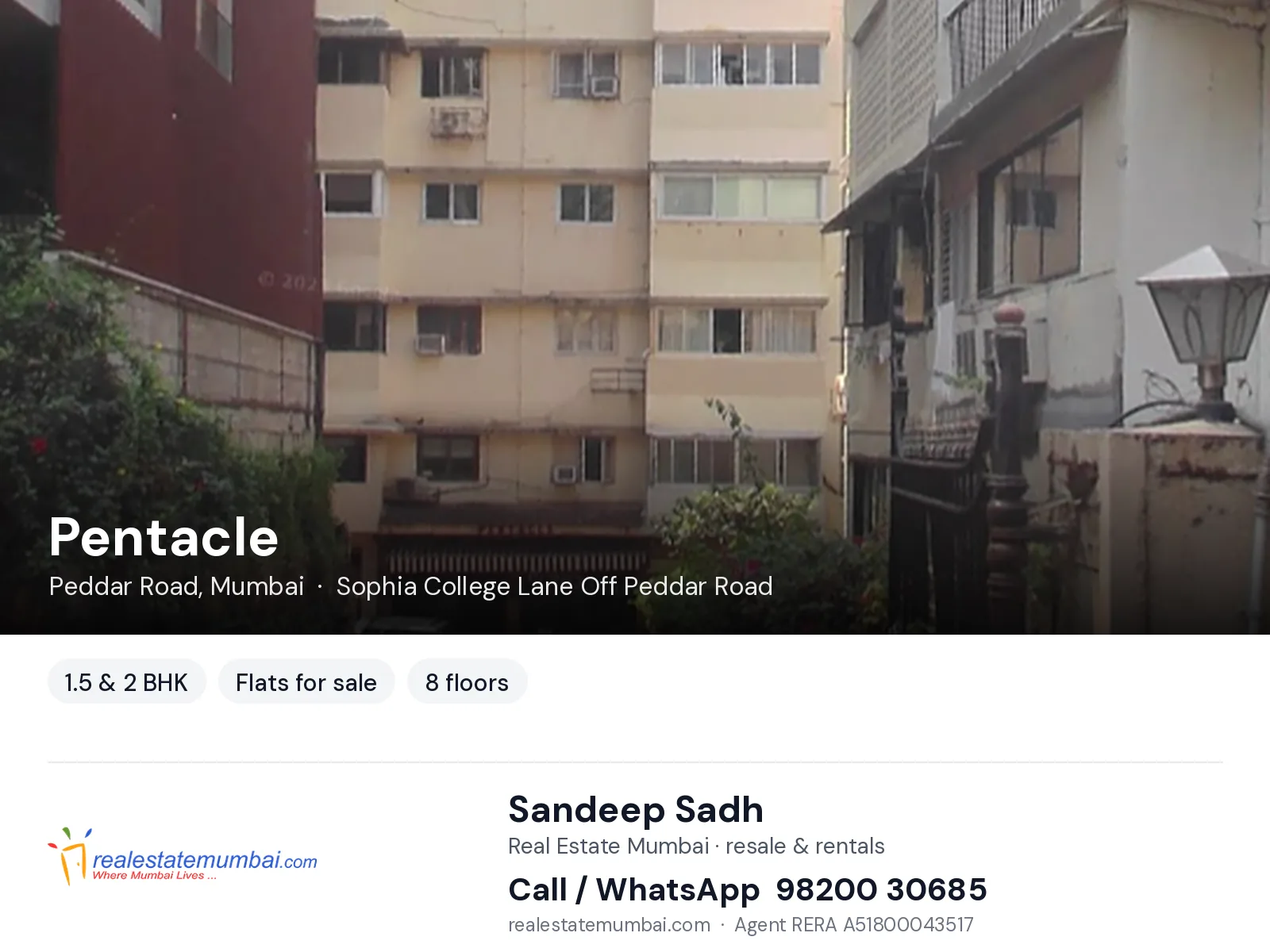 Pentacle, Peddar Road, Mumbai — 1.5 & 2 BHK flats for sale | Real Estate Mumbai, Sandeep Sadh 98200 30685