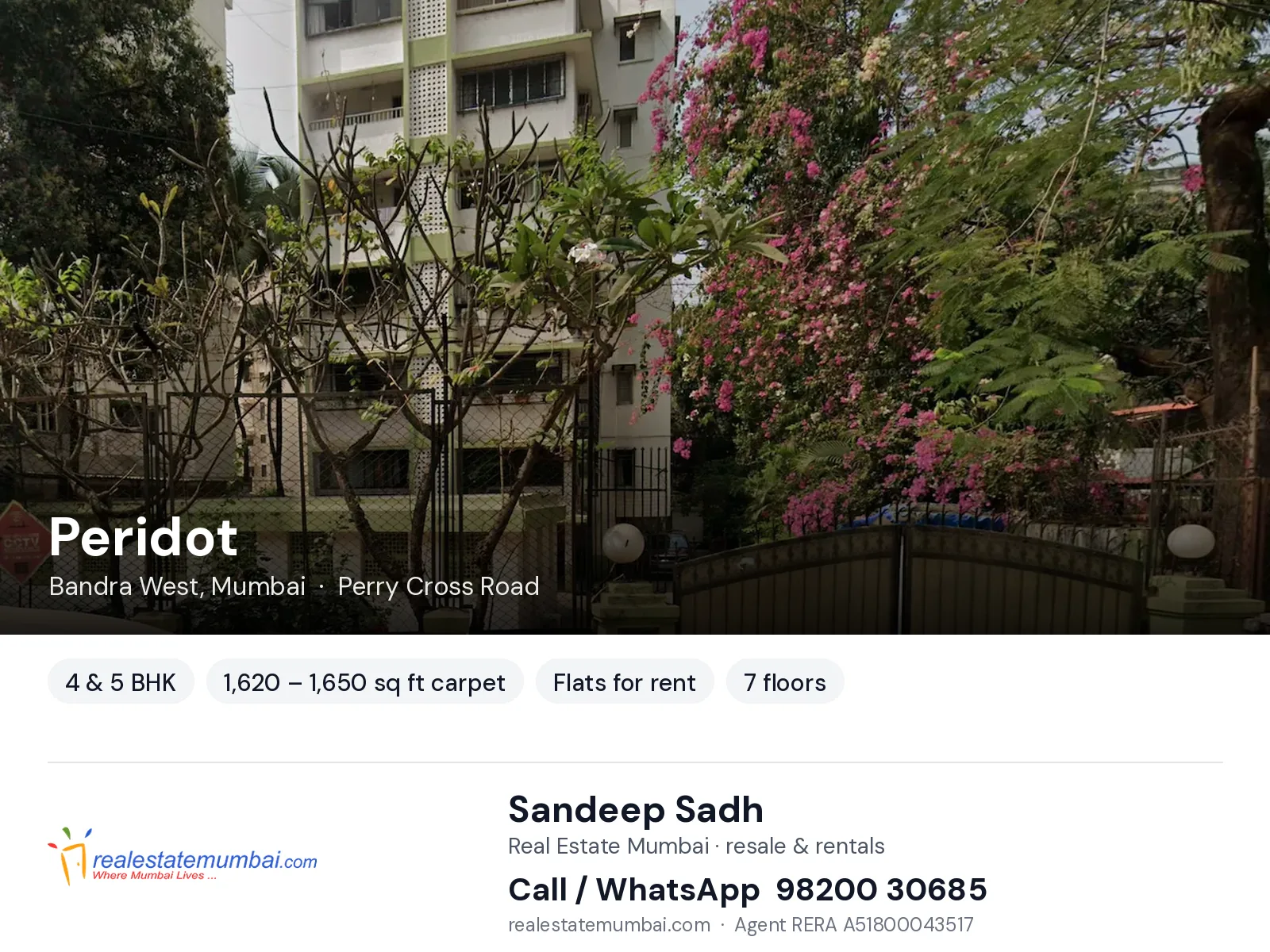 Peridot, Bandra West, Mumbai — 4 & 5 BHK flats for rent | Real Estate Mumbai, Sandeep Sadh 98200 30685