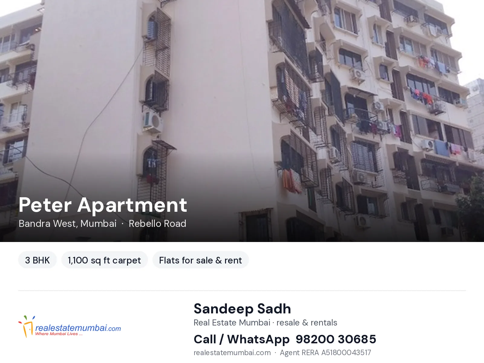 Peter Apartment, Bandra West, Mumbai — 3 BHK flats for sale & rent | Real Estate Mumbai, Sandeep Sadh 98200 30685