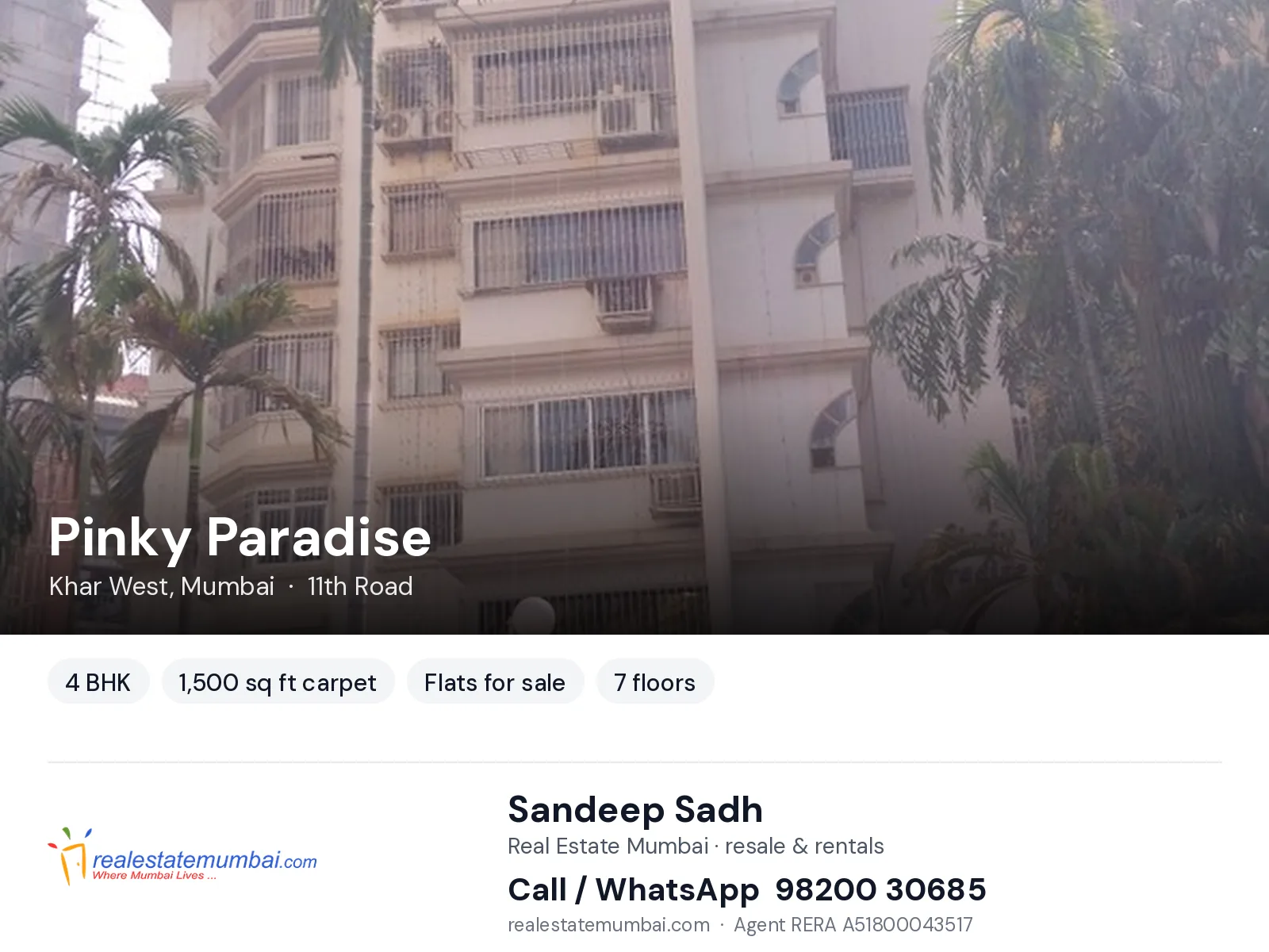 Pinky Paradise, Khar West, Mumbai — 4 BHK flats for sale | Real Estate Mumbai, Sandeep Sadh 98200 30685